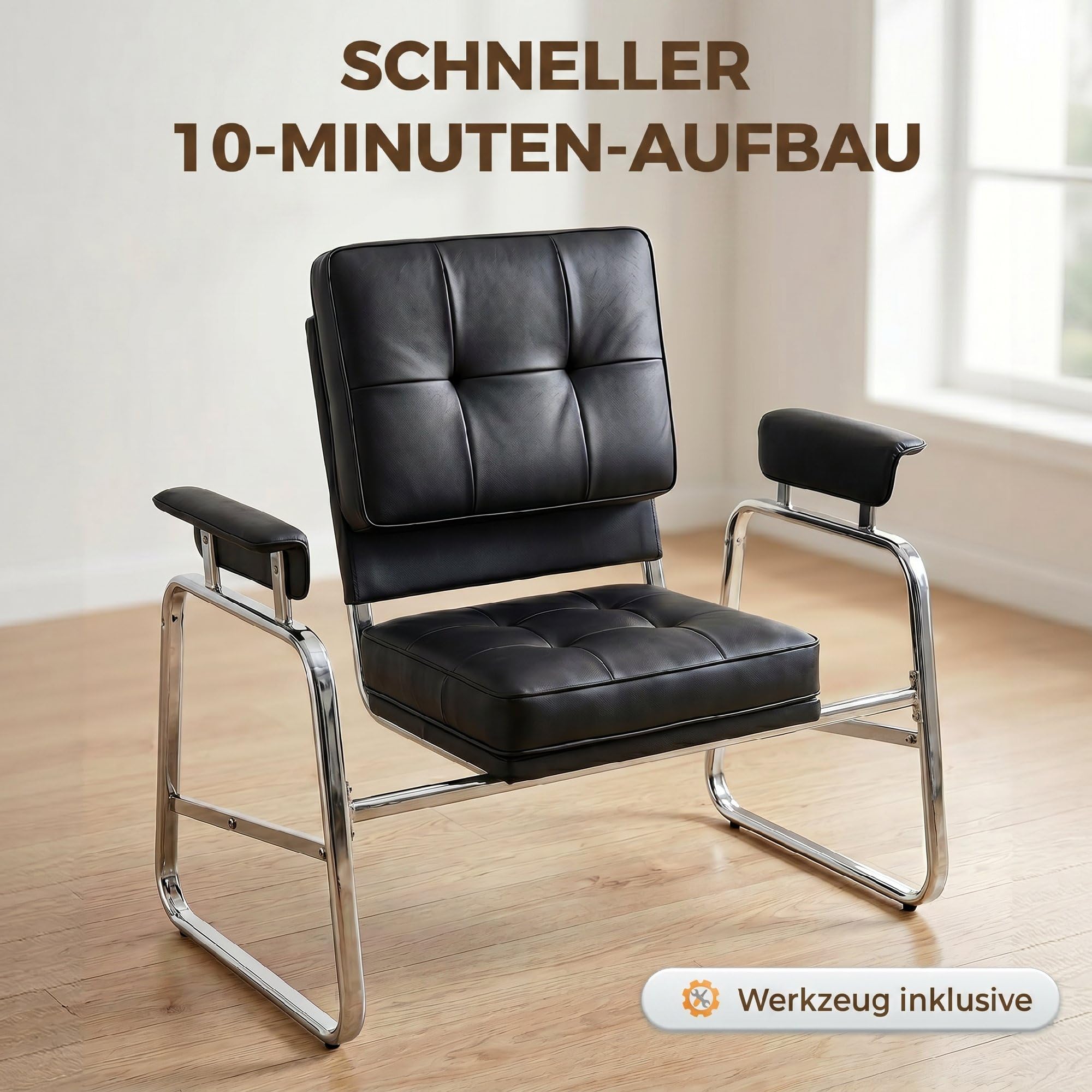 HOMCOM Sessel Loungesessel mit breiter Sitz, Armlehnen, Polstersessel mit Stahlbeinen, Knopfheftung, Dicker Polsterung Relaxsessel aus Kunstleder für Wohnzimmer, Schlafzimmer, Schwarz