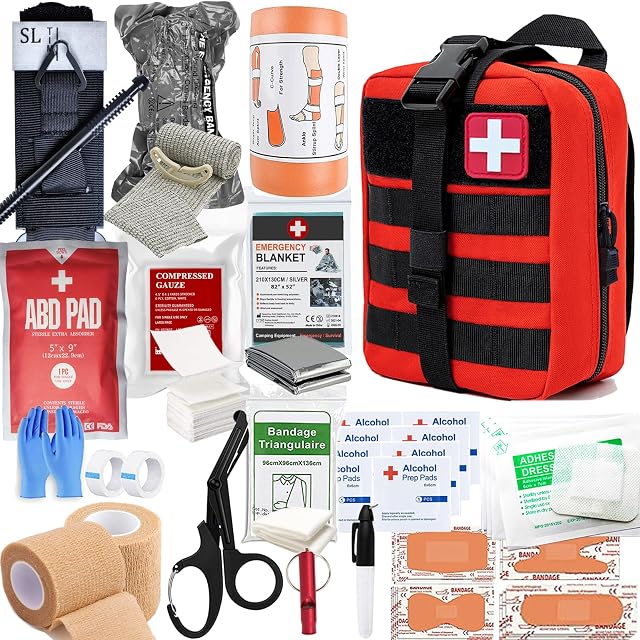IFAK Trauma kit with Tourniquet | Israeli bandage | Splint | Compressed gauze | bleeding control bandages for Tactical First Aid Kit camping, hunting, hiking (Red)