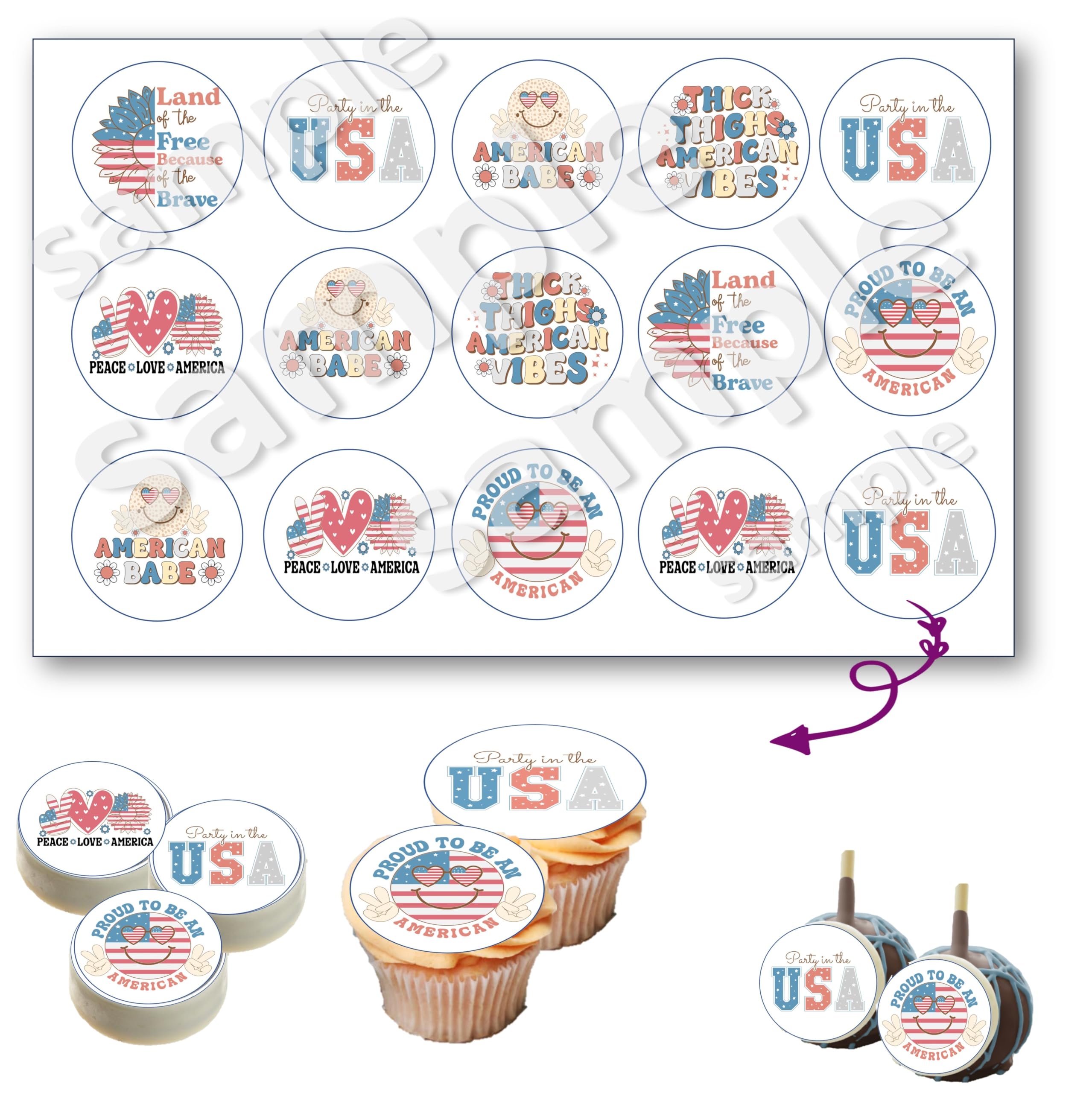 Edible 4th July Oreo cookies covered images, cupcake topper printed on edible paper sugar icing sheet, for cookie decorating, 15 circles 2
