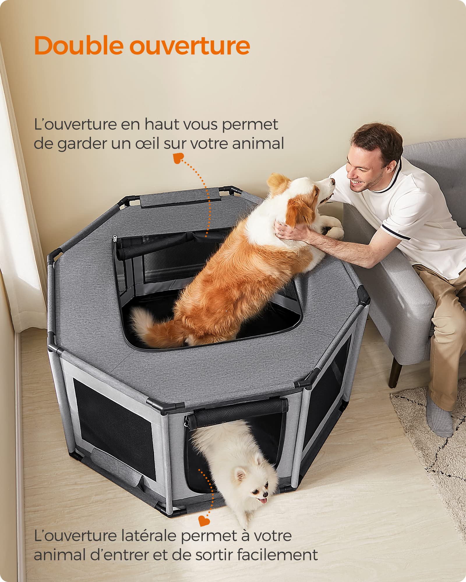 Feandrea Parc pour Chien en Tissu Oxford, Clôture Octogonale, Enclos, Taille L, 112 x 112 x 62 cm, Cadre en Tube PVC, Filet Respirant, Pochette de Rangement, Gris Foncé et Gris Clair PDC003G01