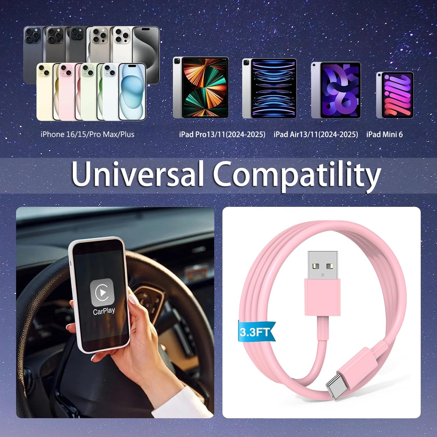 Cavo da USB A a USB C rosa carino accessori auto iPhone 16 Pro cavo di ricarica veloce tipo C per iPhone 15 Pro Max/16 Plus/16e, iPad Air 13/11, Samsung Galaxy Z Flip 6/5/4/Z Fold SE/A16/A15/A14 (0,9