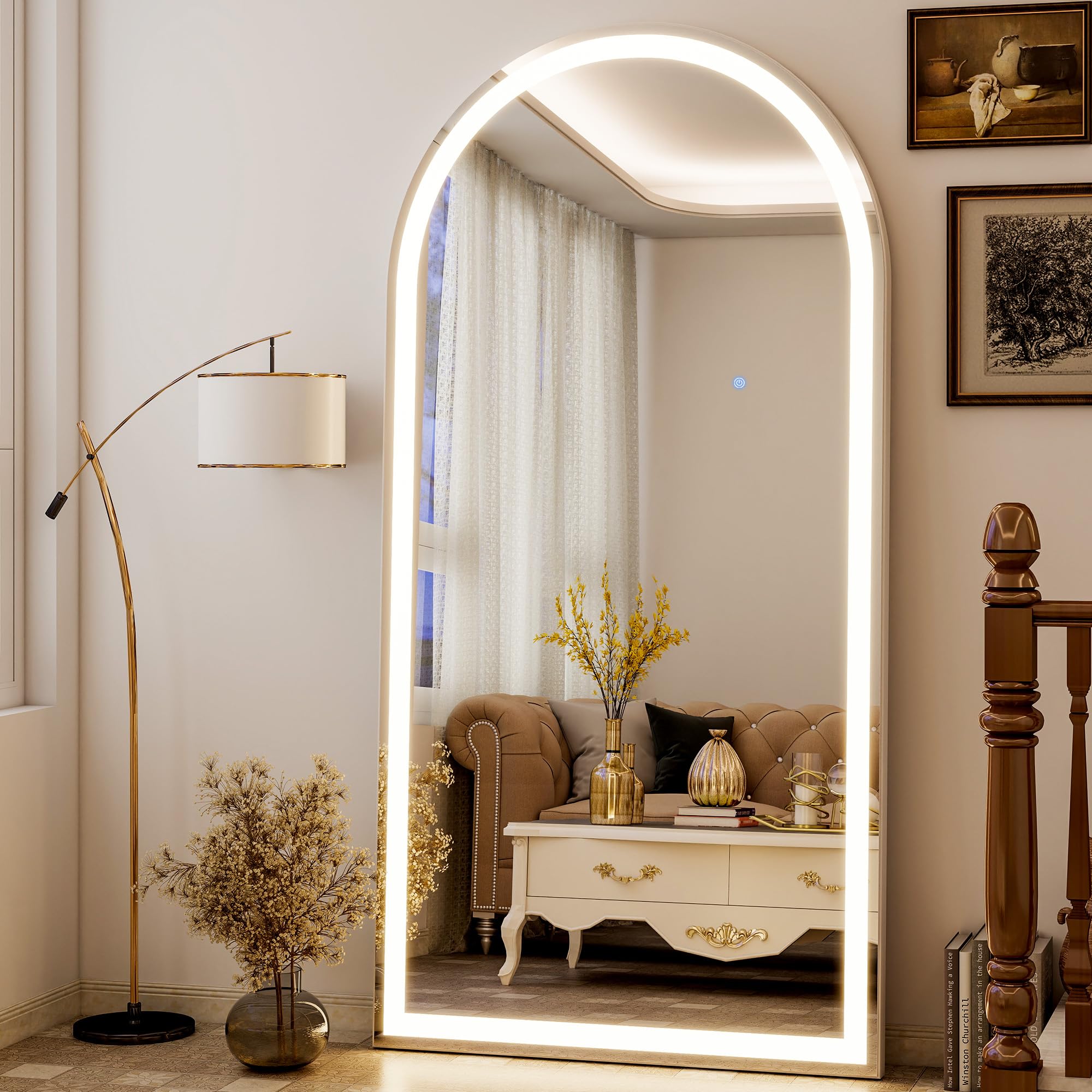 Koonmi 180x76 cm Arched LED Full Length Mirror with Lights, Light-adjustable Full Body Mirror with Stand Equipped with Touch Buttons, White