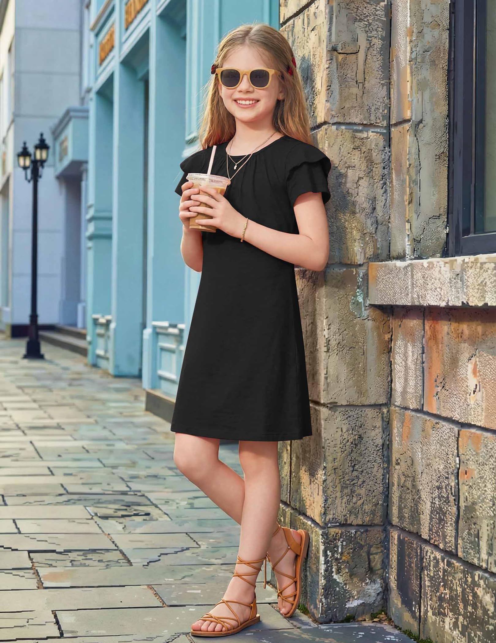 Arshiner Mädchen Kleider Sommer Plissiertes Gewellte Ärmel Kinder Einfarbig/Bedruckt Elegante Festliches Sommerkleid Freizeitkleid Kurzarm A-Linie Kinderkleid 6-14 Jahre