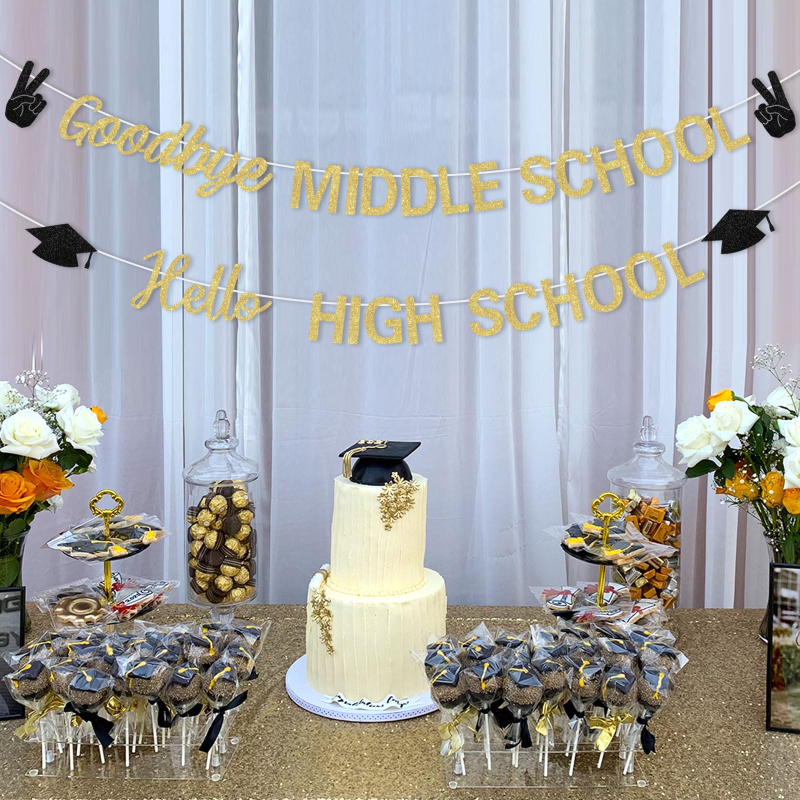 8th Grade Graduation Banner - Bye Bye 8th Grade Hello High School Glitter Decor