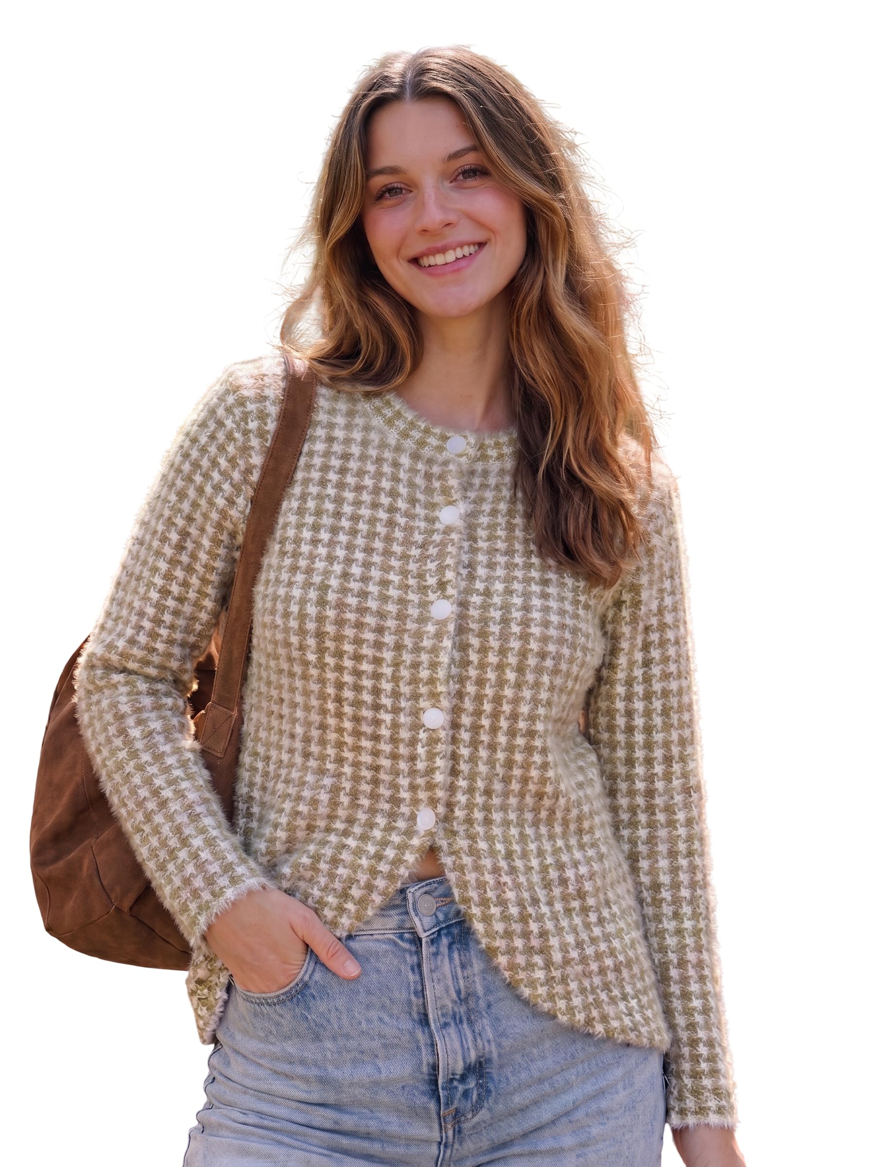 Women's Houndstooth Knitted Button Down Cardigan Sweater Round Neck-picture-17