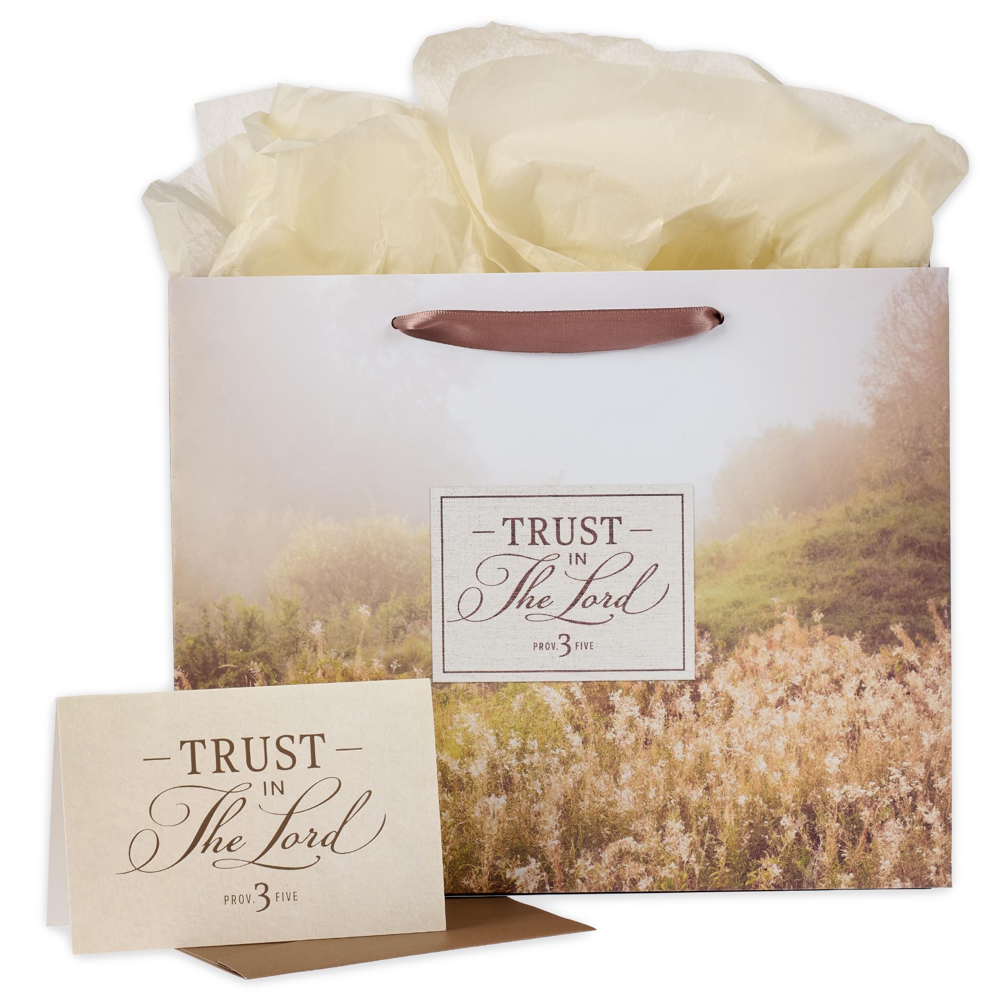 Christian Art Gifts Large Landscape Gift Bag for Men & Women w/Greeting Card & Tissue Paper Set: Trust in the Lord - Prov. 3:5 Inspirational Bible Verse, Religious Wrapping, Scenic Golden Tan/Brown
