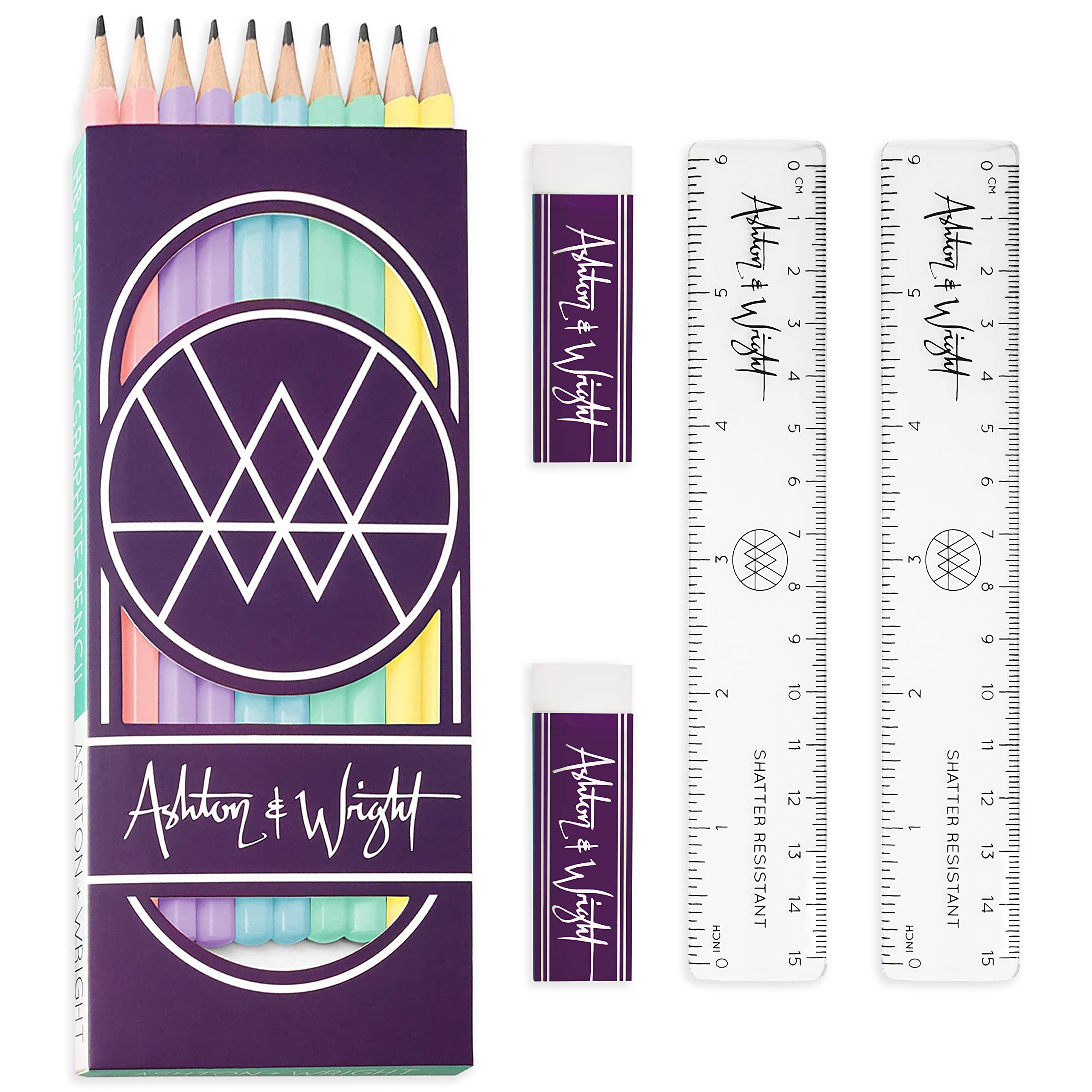 Ashton and WrightClassic Graphite HB Pastel Pencils, 2 x 15cm Clear Rulers & 2 x White Erasers