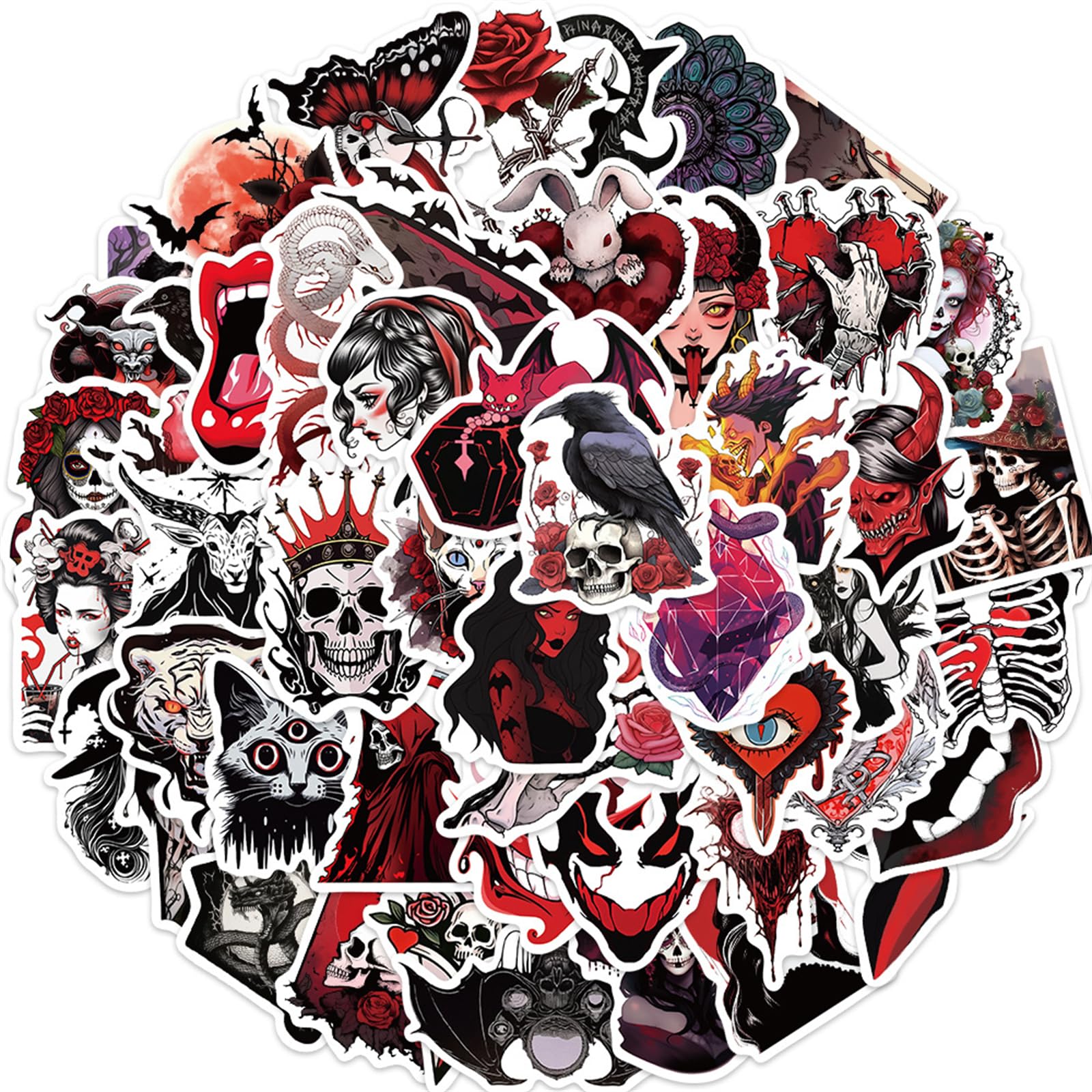 50Pcs Horror Skeleton Stickers Pack for Teens and Adults, Red Skull and The Maiden Stickers for Laptop,Water Bottle, Suitcase,Notebooks,Scrapbooking,Gothic Vintage Waterproof Vinyl Decals (Skeleton)