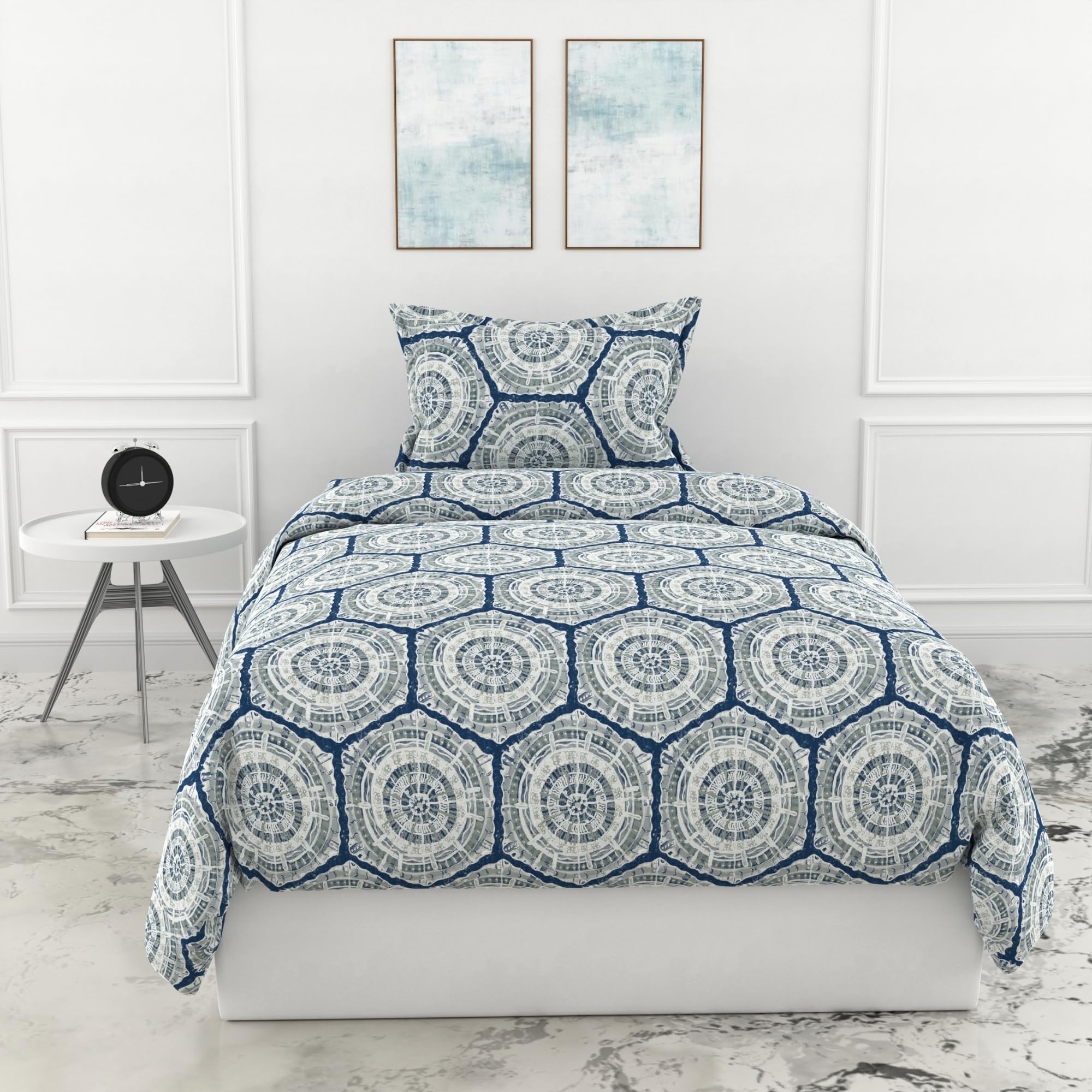 LORETO – A QUALITY LINEN BRAND 144 TC 100% Cotton Bedsheet for Single Bed with 1 Pillow Cover - Grey and Blue