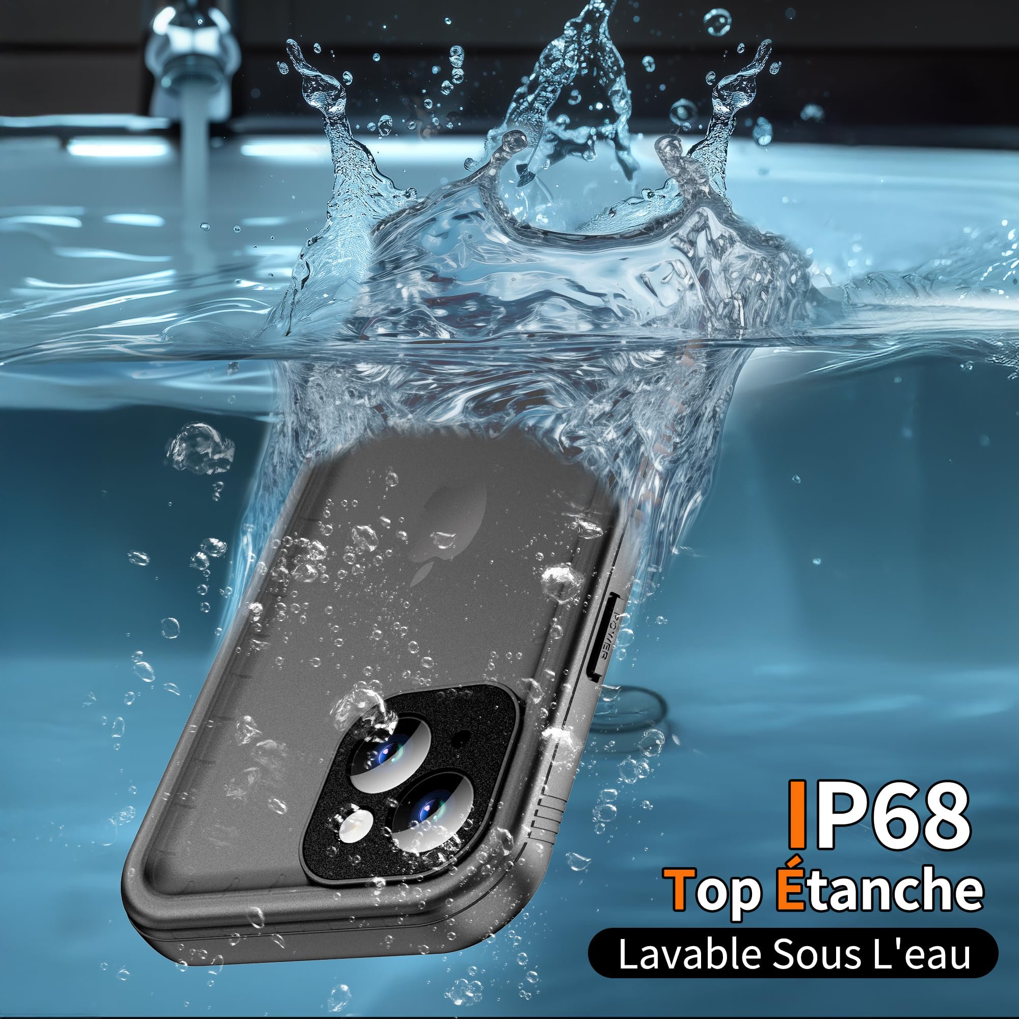 Cozycase Coque pour iPhone 15 Etanche Antichoc - 360 Integral Incassable Militaire Super Résistante Housse IP68 Waterproof Chantier Anti Choc Eau Poussière Coque Case et Protection Ecran/Camera-Noir
