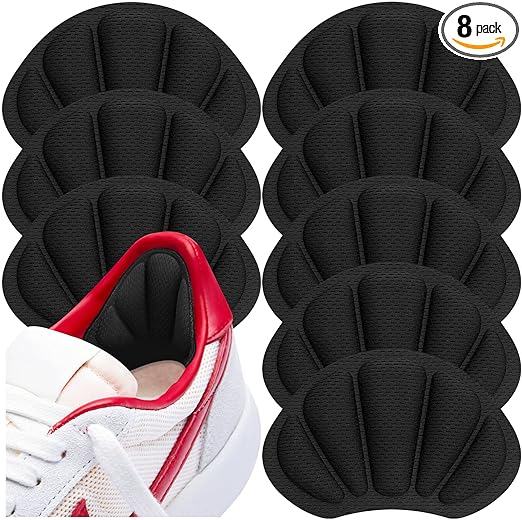Shoe Heel Inserts, 8 Pcs Mesh Self-Adhesive Heel Cushion Pads for Back of Heel, Heel Cushion Inserts Prevent Shoes Too Big for Women Men, Black