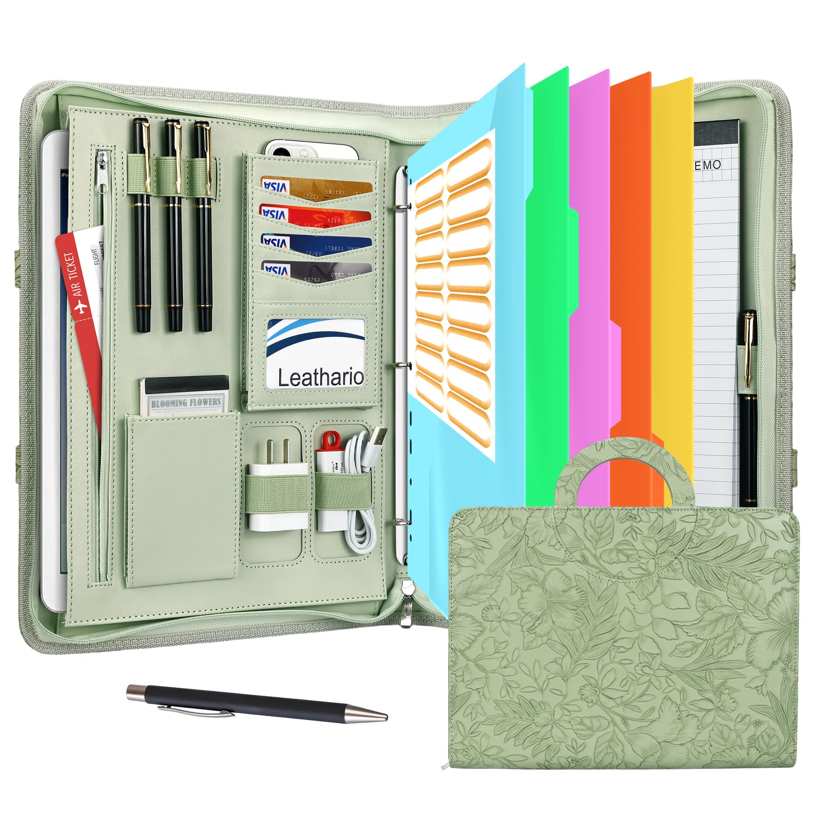 Leathario Portfolio Binder, Includes 5 Folder Index Dividers, 13 Inch Tablets Organizer with Handle, Vegan Leather A4 Padfolio, Multi-Pocket Notepad Business Planner Professional Document