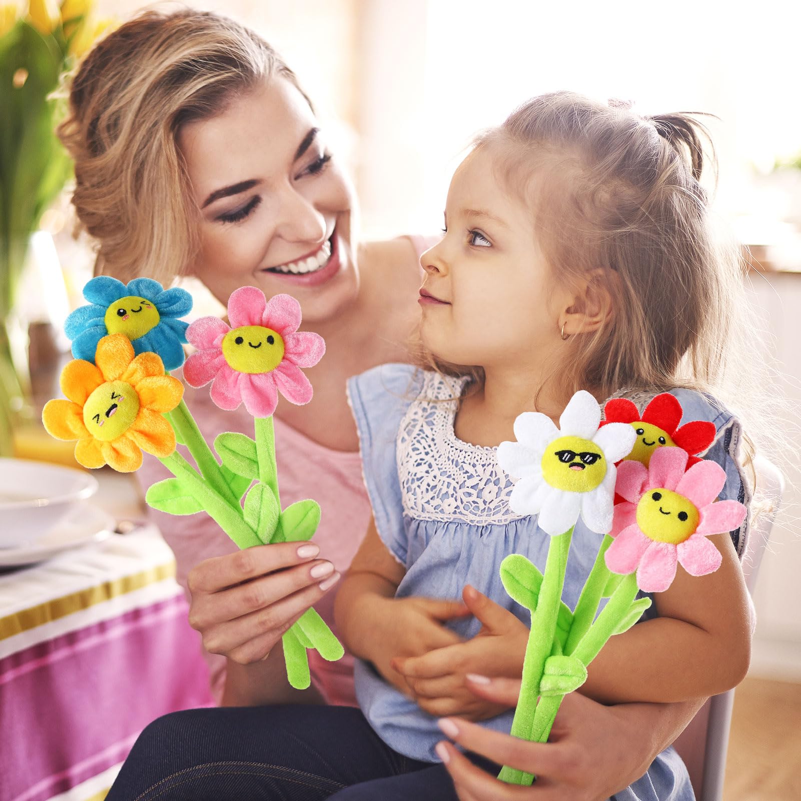 18 pezzi di peluche a forma di fiore sorridente farcito steli pieghevoli peluche morbido floreale 32 cm per laurea 2025 festa della mamma San Valentino ragazza, fidanzata, moglie, famiglia e