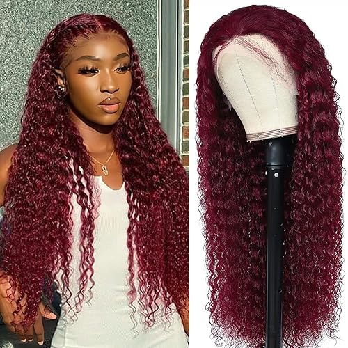 ULRICA 99J Burgundy Lace Front Wigs Human Hair Water Wave Transparent Lace front wig Pre Plucked wiith Baby Hair 150% Density Brazilian Human Hair Wigs for Women 18 Inch