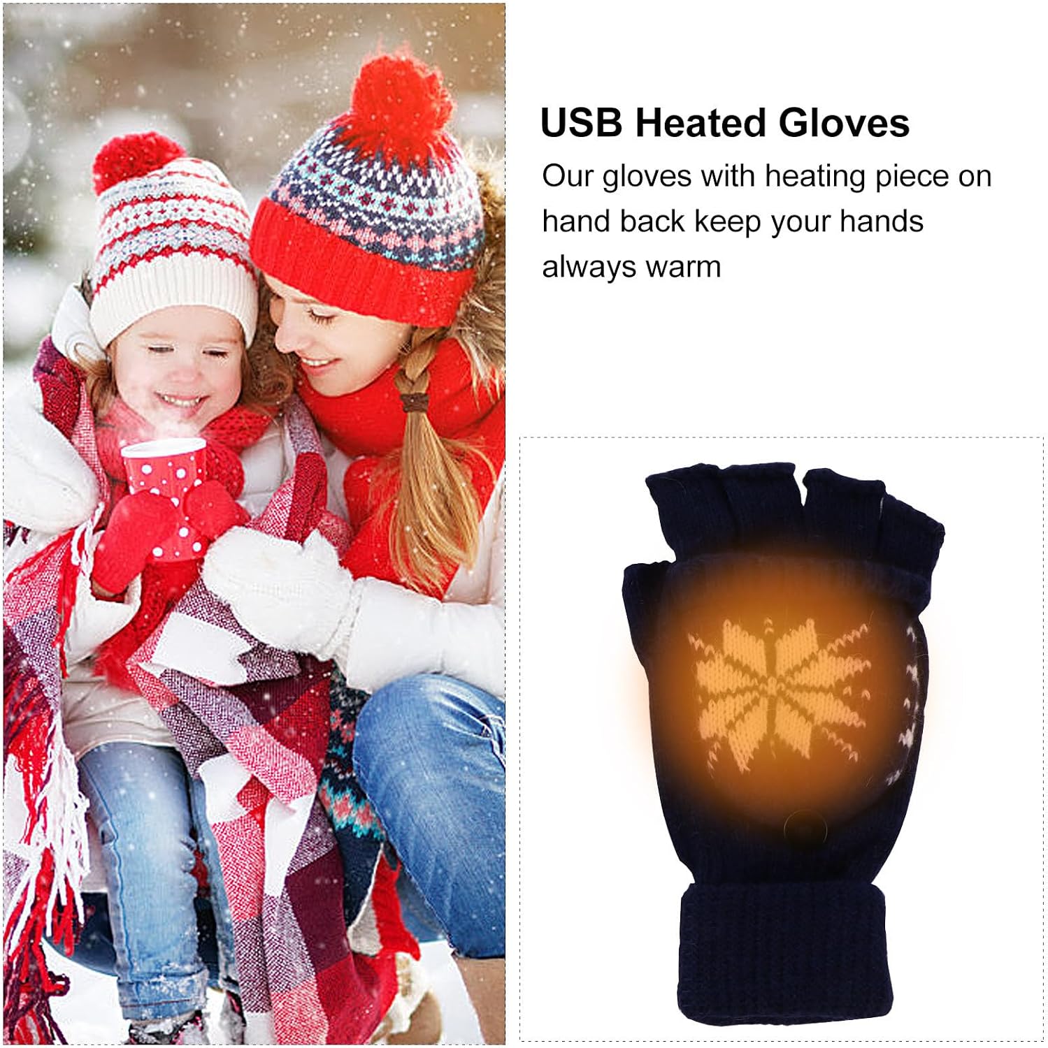 USB Heated Winter Hands Warmer Half Finger Wool Gloves with Elastic Knit Design for Typing and Cold Weather Comfort