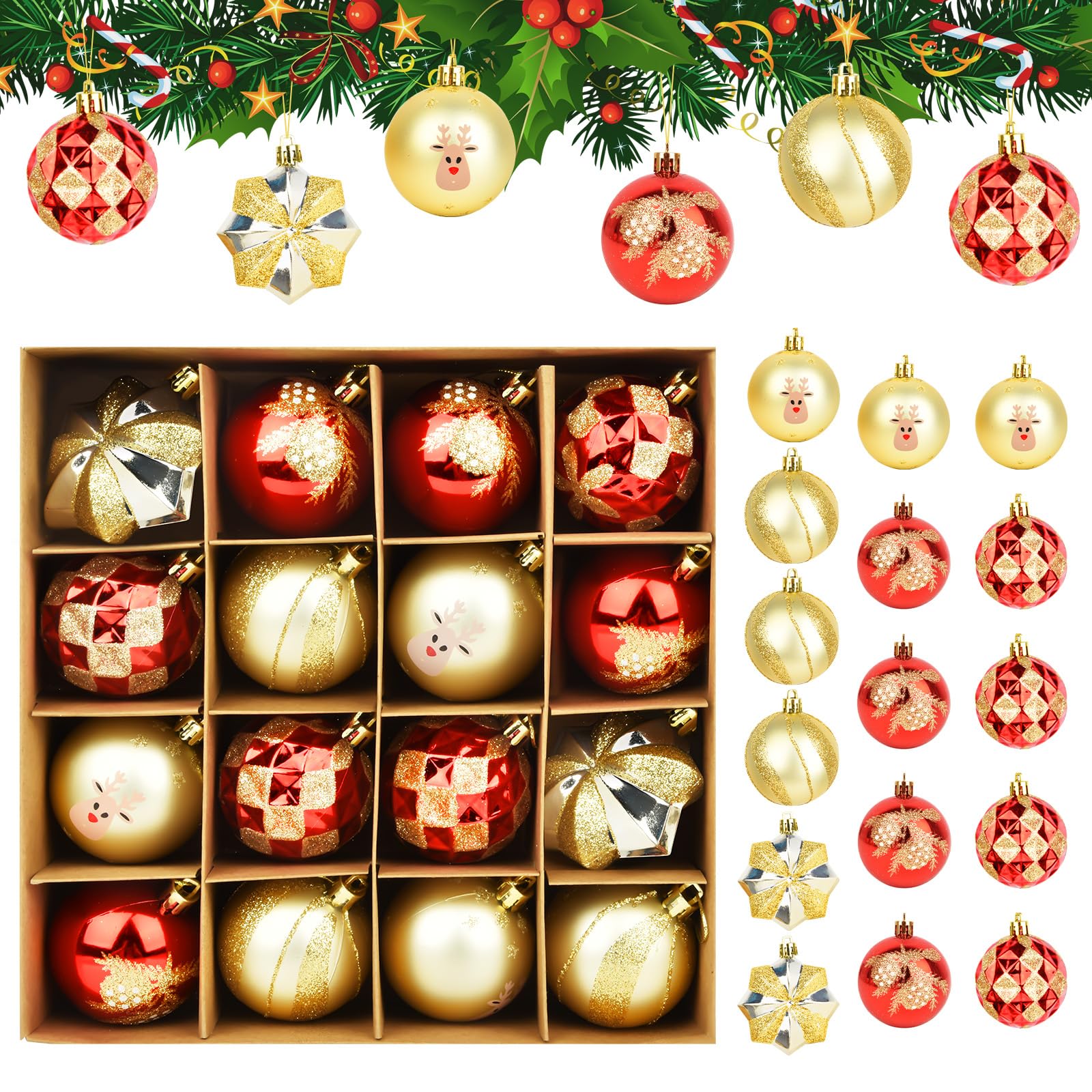 16 Piezas Bolas Arbol de Navidad, 6cm Bolas de Navidad Rojo y Dorado, Juego de Bolas de Navidad, Decoracion Navidad, Adornos Arbol Navidad para Adornos Navidad
