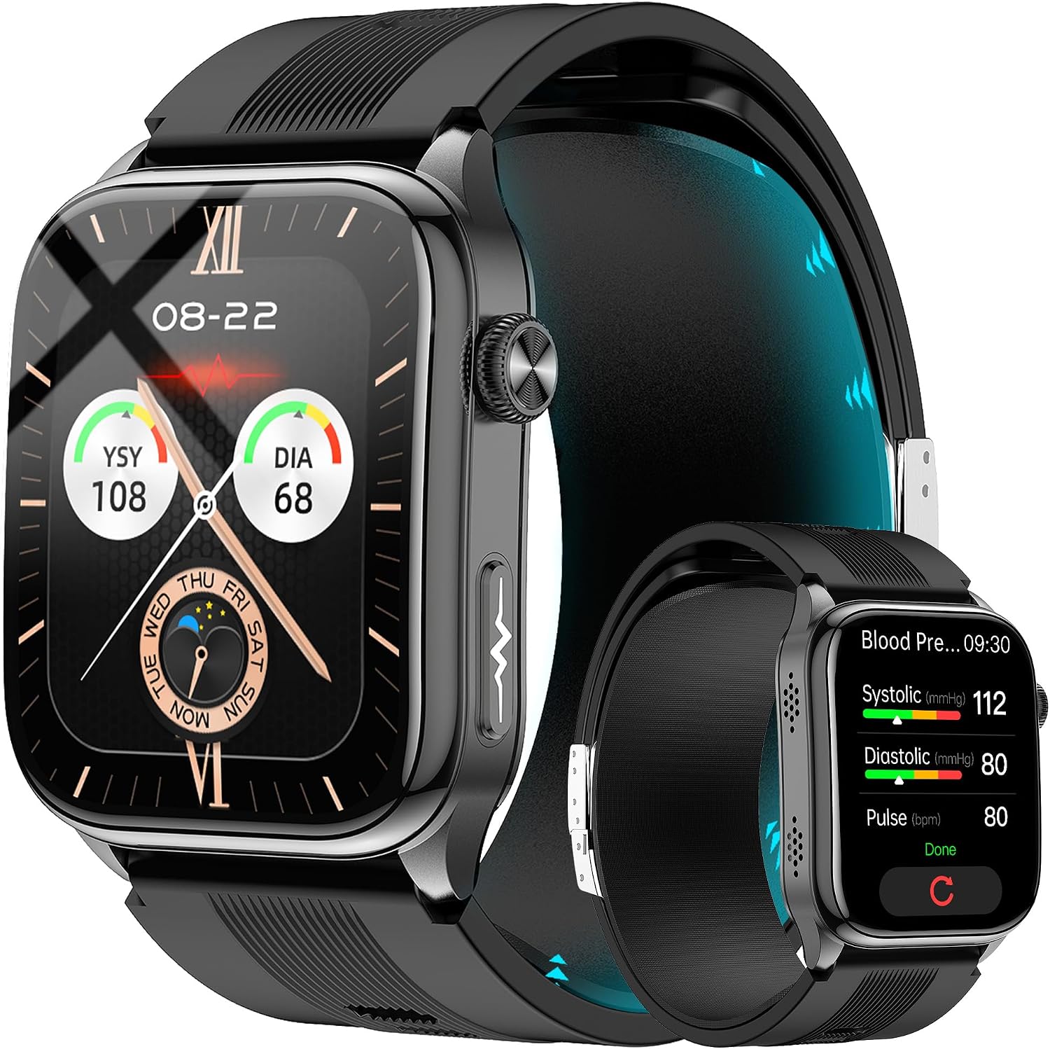 Blood Pressure Smart Watch (Answer/Make Calls), 2.06" AMOLED, Air Pump Air Bag, Fitness Tracker, Heart Rate Blood Oxygen,Body Temperature, Sleep Tracking, Health Analysis Reports,For Android/iOS