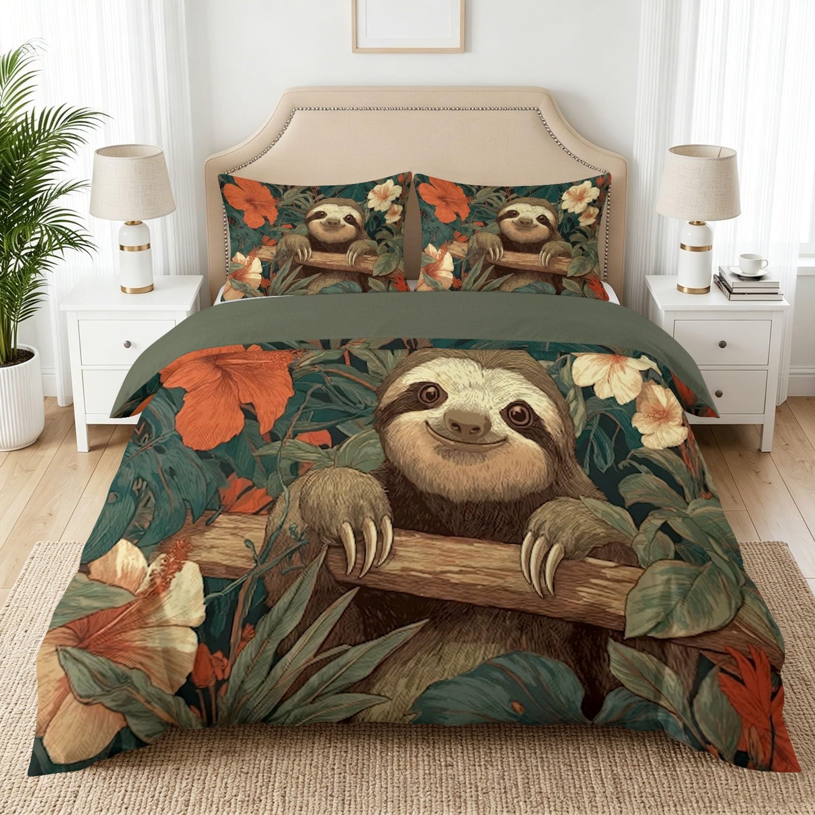 Housse de couette doux microfibre imprimé floral et paresseux, parure respirante vert foncé