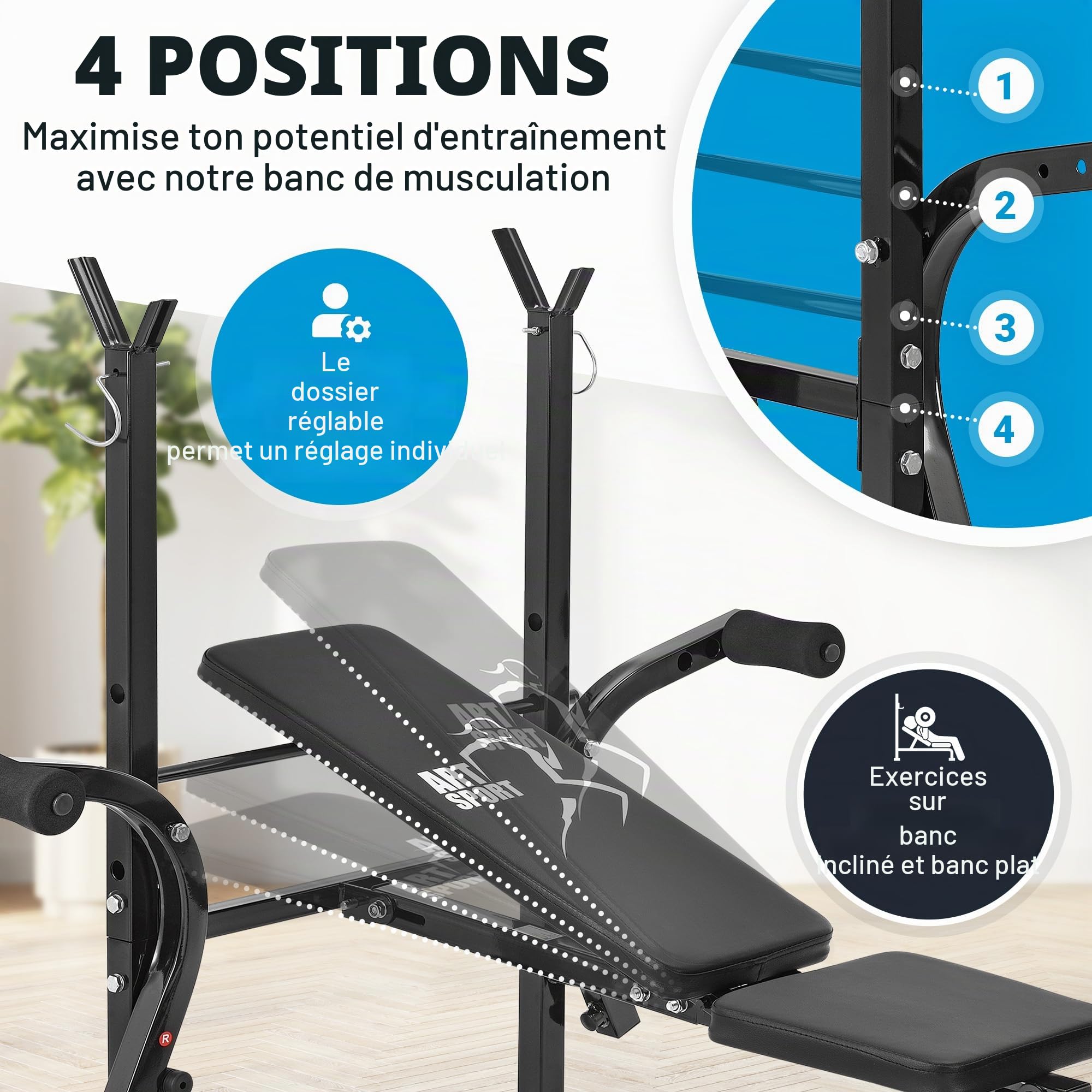 ArtSport banc de musculation multifonction ProfiGym1000 pliable et réglable en 4 positions - avec support pour haltères longs, barre curl pour les jambes et Butterfly — banc incliné banc plat