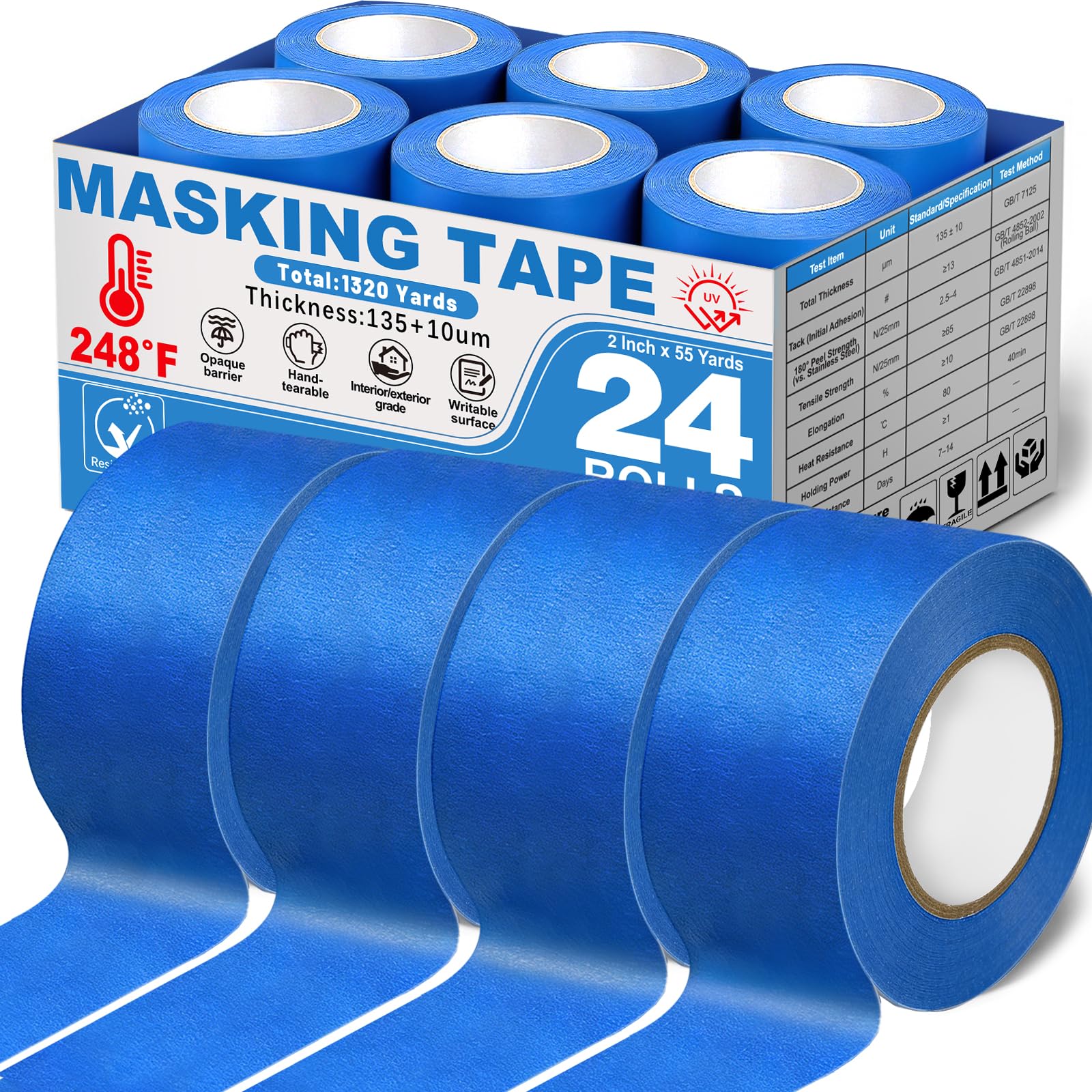 Photo 1 of ***STOCK PHOTO FOR REFERENCE ONLY***Aheroi Painters Tape 2 Inch Wide, Blue Masking Tape 24 Rolls 55yds(1320yds)