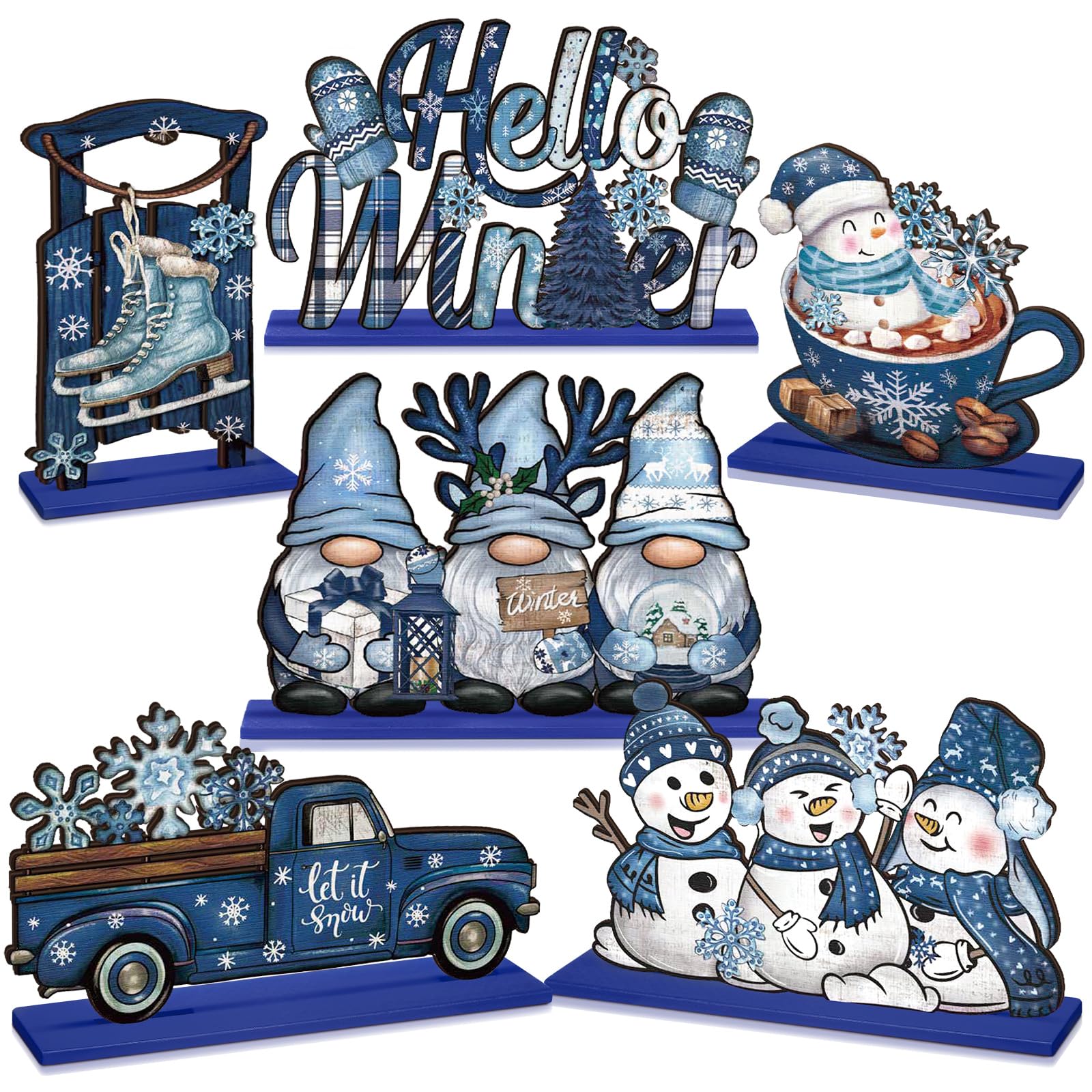 Realspring 6 Pcs Wooden Winter Table Decor Blue Winter Tiered Tray Decor Wood Decorative Gnome Snowman Truck Signs Hello Centerpieces for Kitchen Office Home