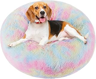 Matalavery Calming Donut Dog Beds Round Pet Beds for Small Dogs or Cats, Rainbow Anti-Anxiety Cat Bed Donut Dog Cuddler Bed Warming Cozy Faux Fur Bed with Waterproof & Anti-Slip Bottom