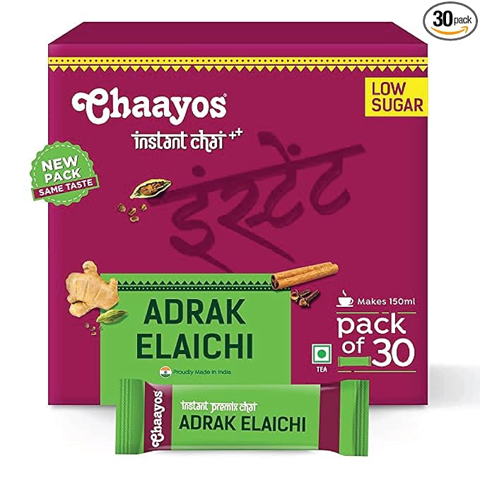 Chaayos Instant Tea Premix - Low Sugar - Adrak Elaichi Flavour (30 Sachets) | Masala Tea Powder