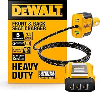 DEWALT Heavy Duty 72W 5 Port USB Car Charger Multiport, iPhone 16 Multi USB Car Charger, Fast Charge PD & QC3.0 Cigarette Lighter Adapter w/ 6FT Cable, Type C Front/Back Charging for Multiple Devices