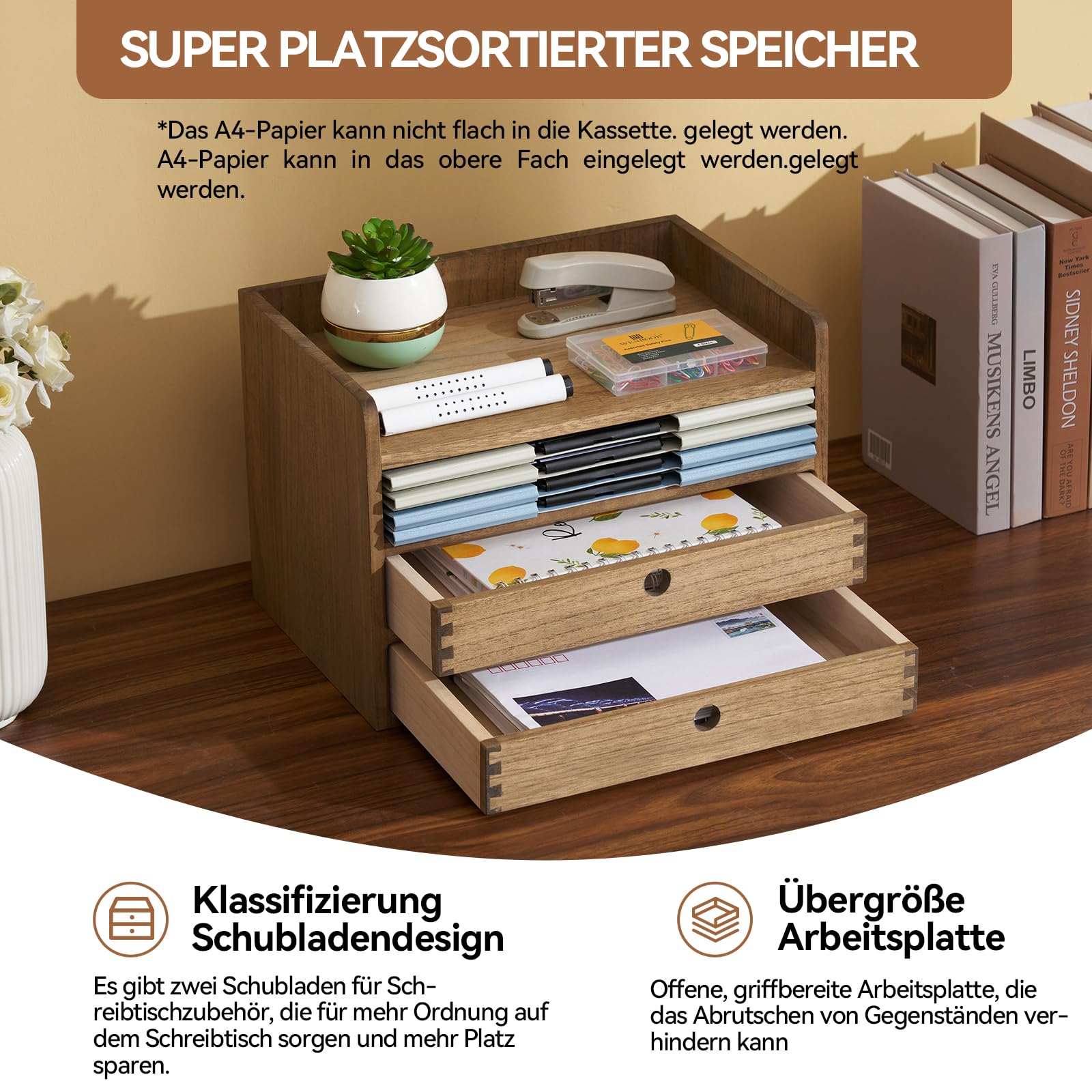 KIRIGEN Schreibtisch-Organizer Holz, A4-Ablagebox, 2 Schubladen, Braun | 35 x 27 x 23,5 cm, offenes Fach, Massivholz, handgefertigt, fertig montiert, Zapfenverbindungen, Pflanzenöl