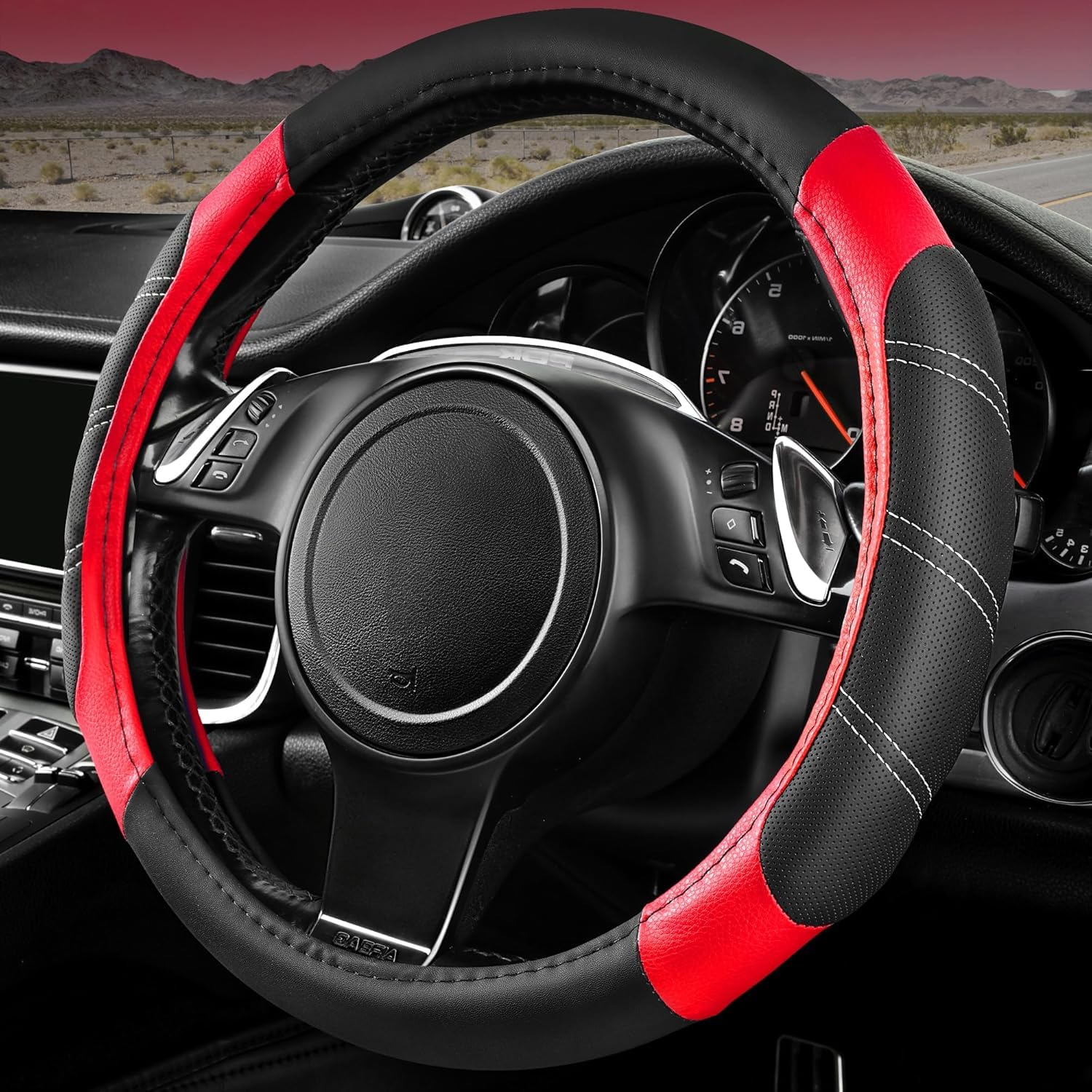 CAR PASS Line Rider Mikrofaser Leder Sportliche Lenkradbezug, 36.8–38.1cm Universal für 95% LKW SUV PKW, Anti-Rutsch Sicherheit Komfortables Design (Schwarz und Rot)