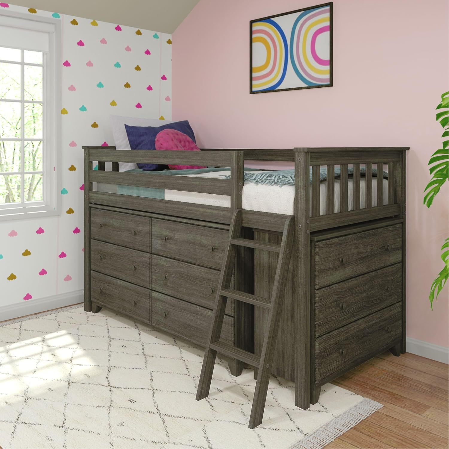 Max & Lily Low Loft Bed, Twin Bed Frame For Kids With Pull-Out Desk, White
