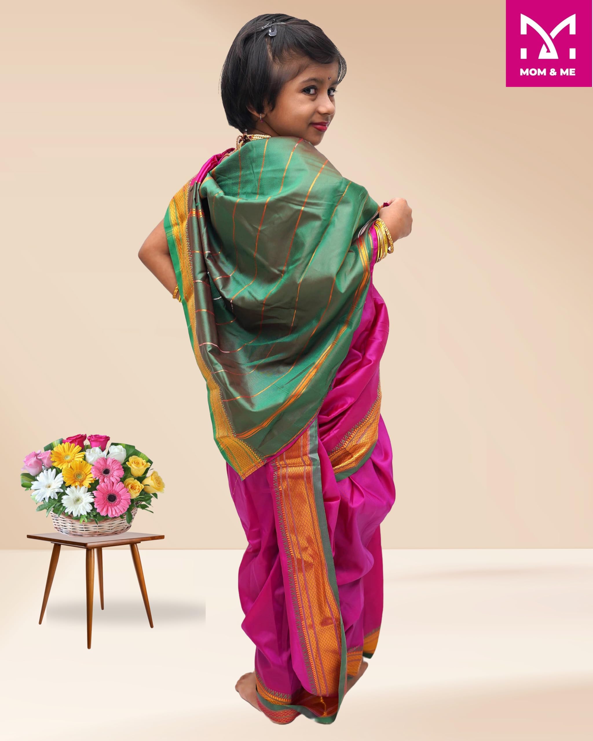 Mom and Me Nauvari Saree for Girls/Baby Girl, Ready to Wear, Marathi Maharashtrian Traditional Saree, Festival Outfit for Puja, Ganpati Festival, School Programs stitch Blouse (Purple, 8-9 Years) - Image 2 thumbnail