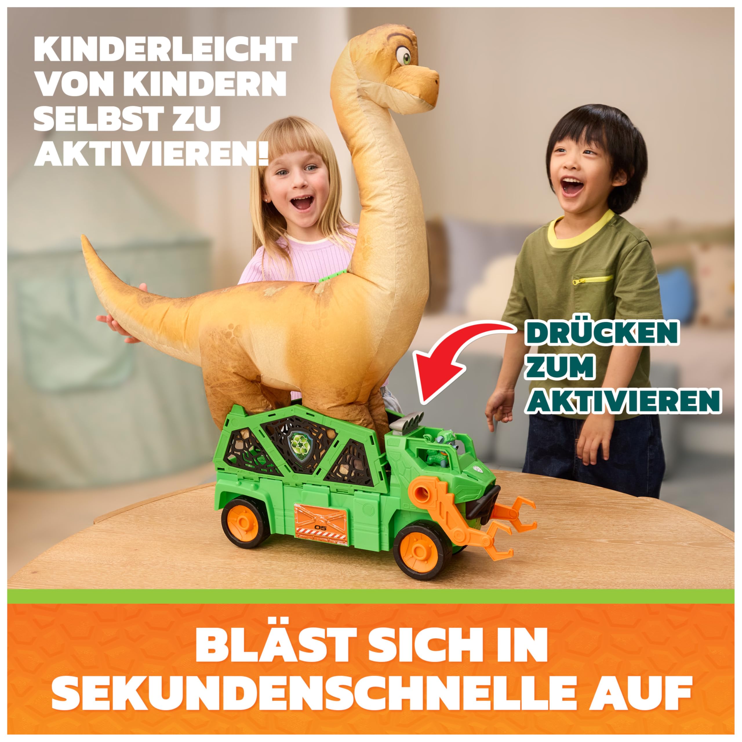 PAW PATROL: Der Dino Film Rockys Megasaurus Transport-Fahrzeug, ab 3 Jahren | 76 cm aufblasbarer Dino | 2-in-1 Dino & Fahrzeug | Per Knopfdruck aufblasbar | Licht & Geräuscheffekte | Mit Rocky-Figur
