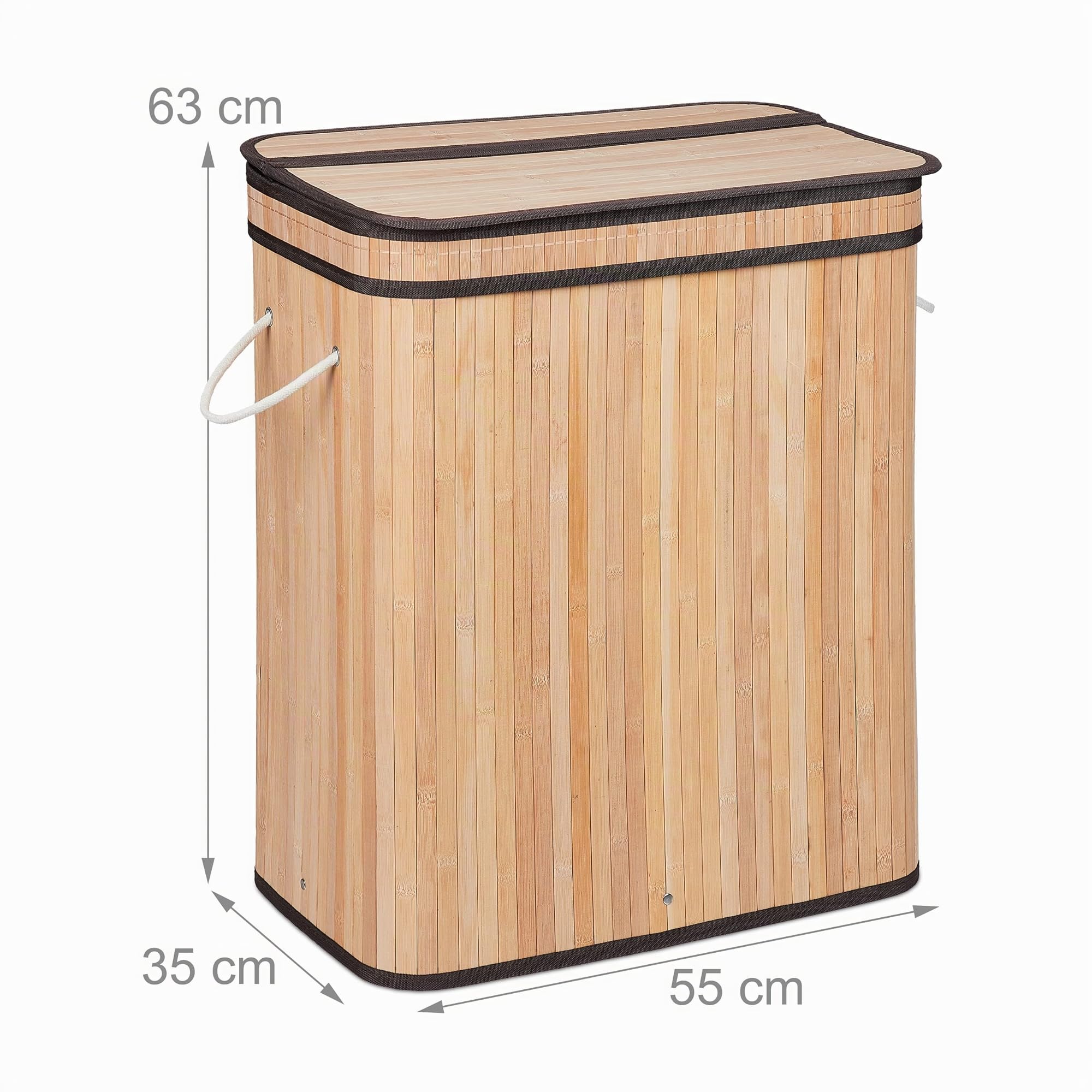 Relaxdays Cesto Portabiancheria, in bambù, Contenitore con 3 Scomparti da 30 L, Coperchio e Manici 63x55x35 cm, Naturale
