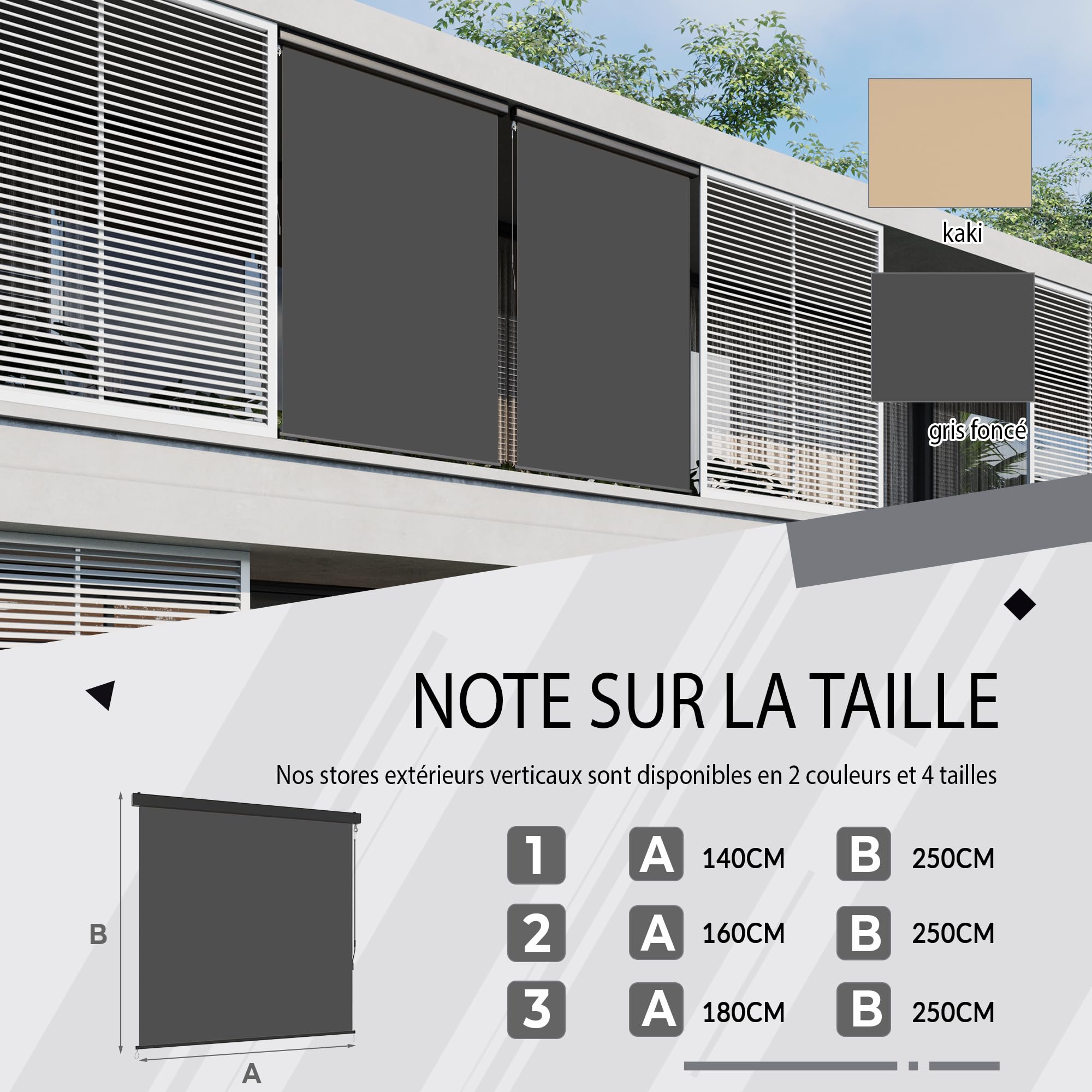 YODOLLA Store Vertical, Rétractable avec Coffre, Occultant Exterieur Fenetre, Auvent rétractable 160x250cm, pour Balcon, Terrasse, Jardin et Intérieur, Gris foncé