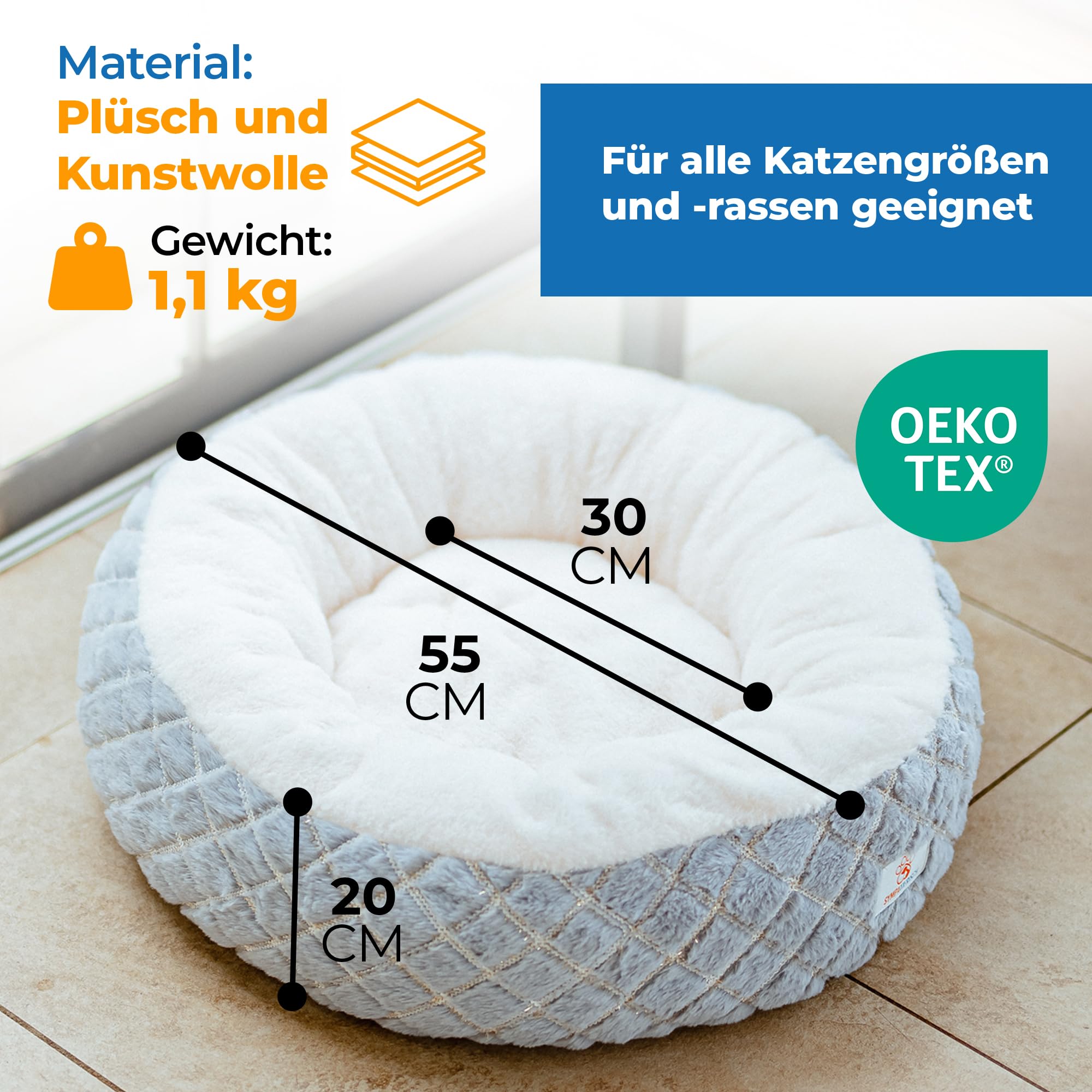 Katzenbett [beruhigende Wirkung] - Rundes, flauschiges Kissen für deine Samtpfote - Katzenkissen, Katzen-Körbchen, Kuschelbett waschbar, Katzenschlafplatz-Bettchen, Katzenbettchen | 55x55x20 cm