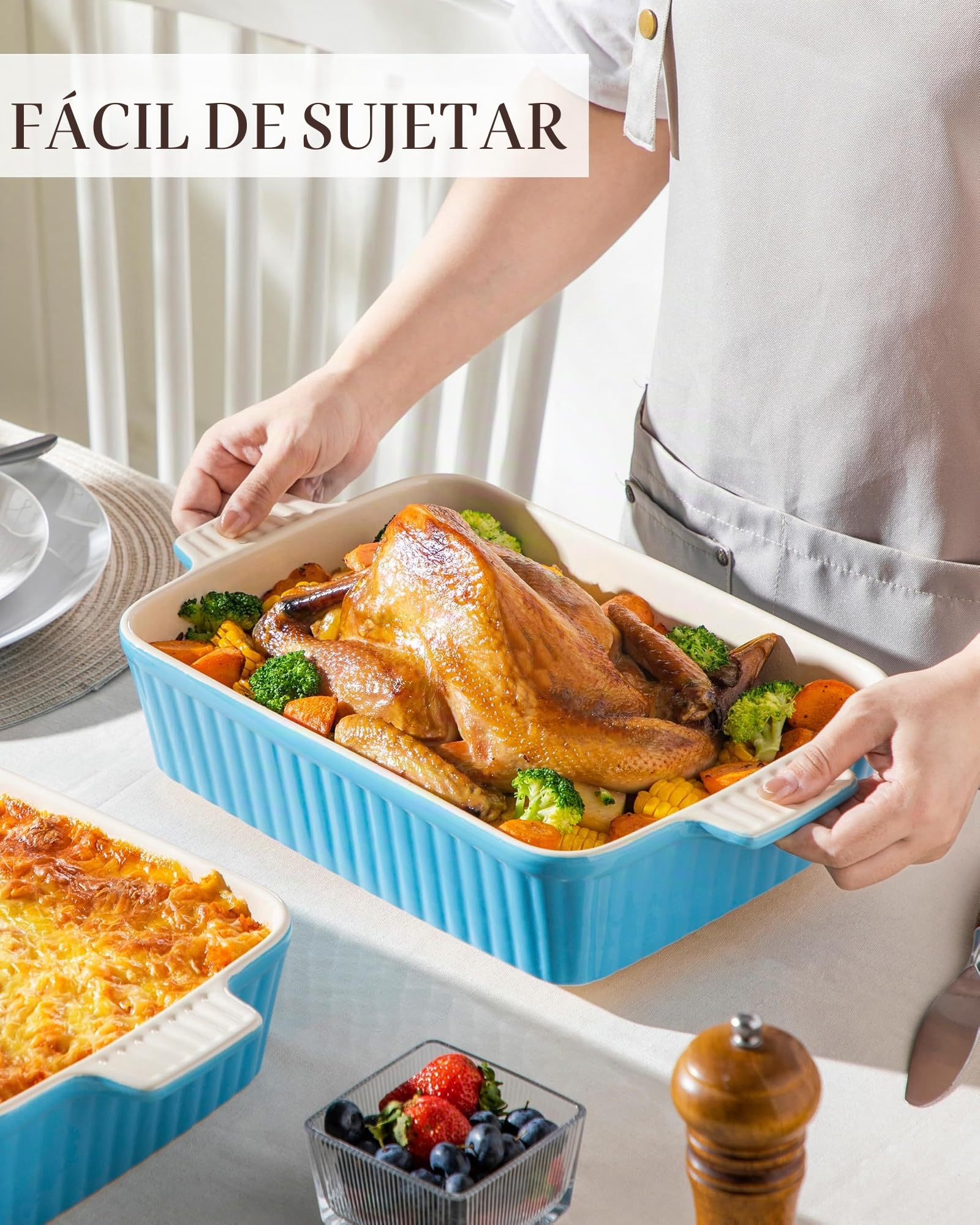 MALACASA Serie BAKE, Fuente Rectangular de Porcelana para Horno de 4200 ml, Fuente Grande para Horno con Asas para Gratinados y Guisos, Apta para Lavavajillas, Color Azul