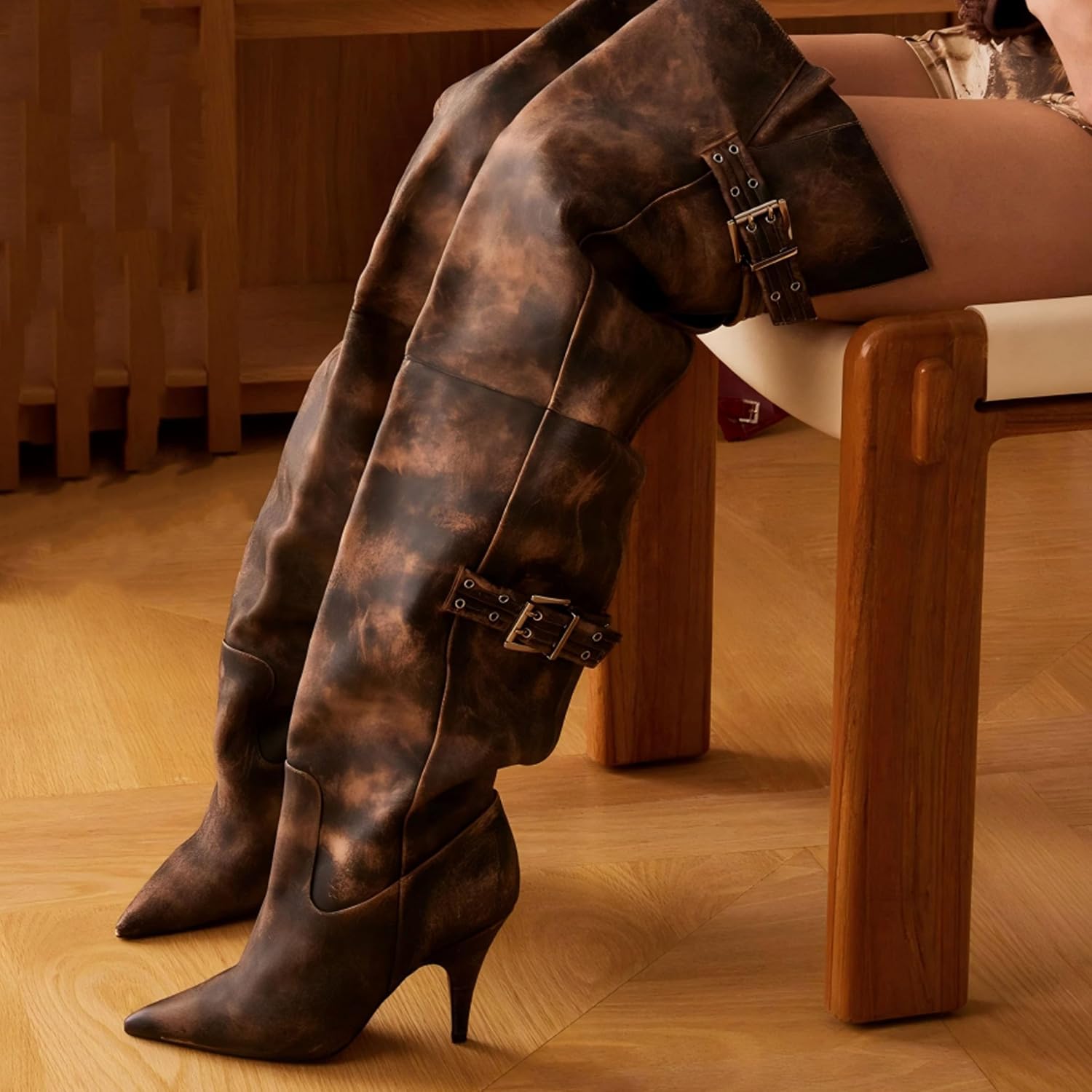 Over the Knee Boots of Women Pointed Toe Wide Calf Thigh High Boots Stiletto Kitten Heel Leather Long Shoes with Buckle