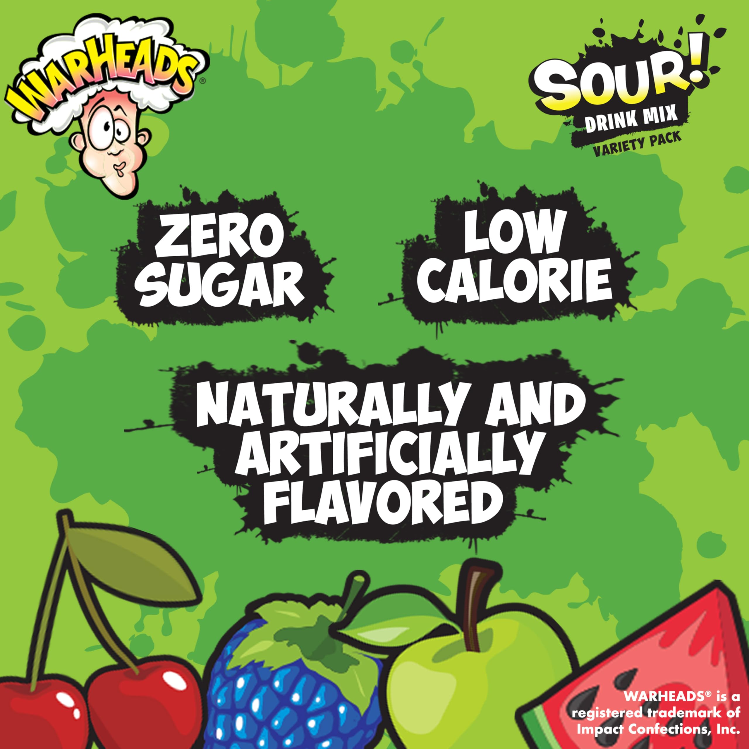Warheads Singles To Go Sour Drink Mix, 30 Sticks, Variety Pack (Green Apple, Black Cherry, Watermelon, Blue Raspberry), Zero Sugar, Low Calorie