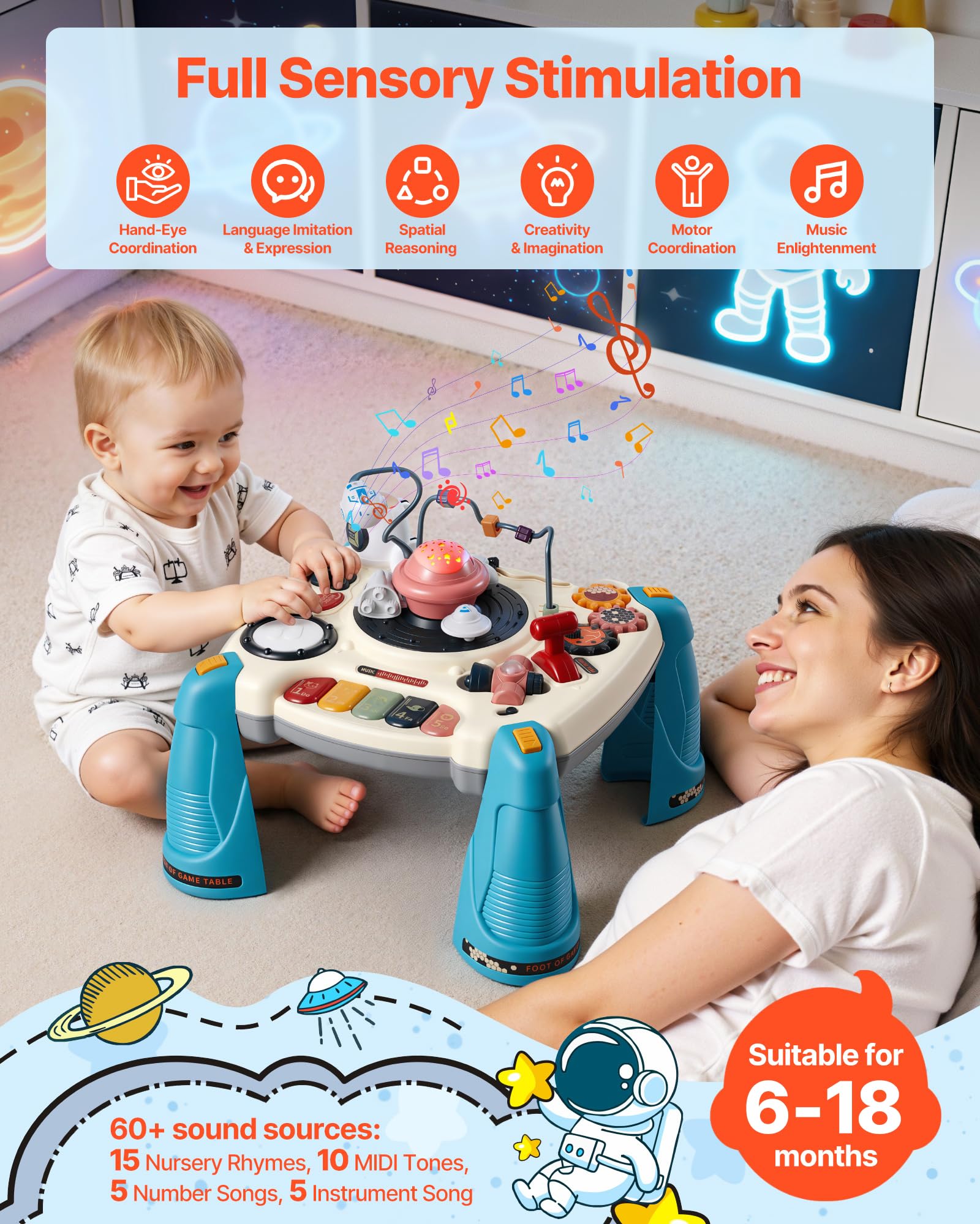 VEVOR Tavolo Attività Giocattoli Bambini 12 Giochi Pianoforte Percussioni Scrivania Astronave 60 Sorgenti Sonore