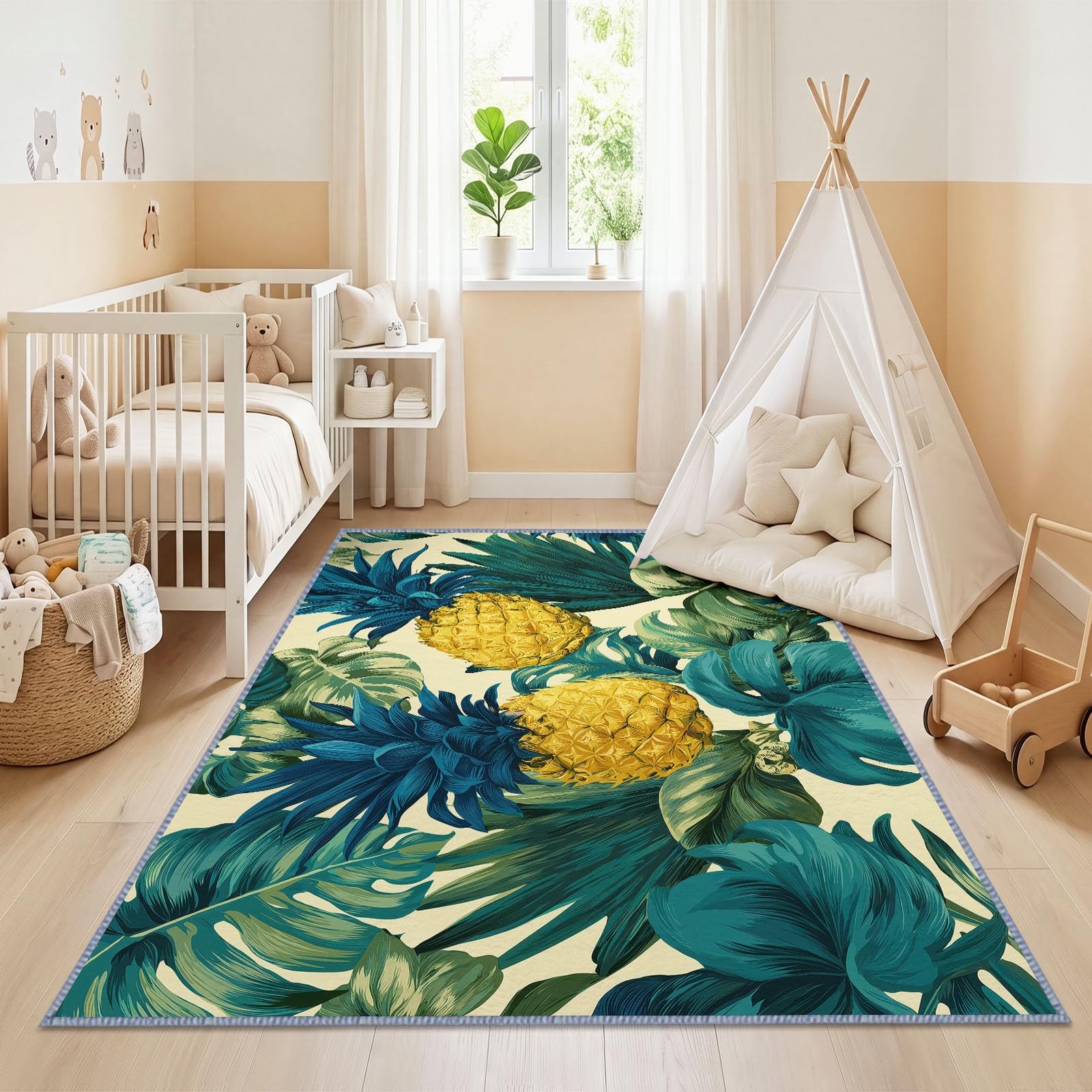 Alfombra lavable botánica tropical, 140 x 200 cm, para salón, frutas, piña, hojas de palma, antideslizante, suave, para dormitorio, comedor, oficina