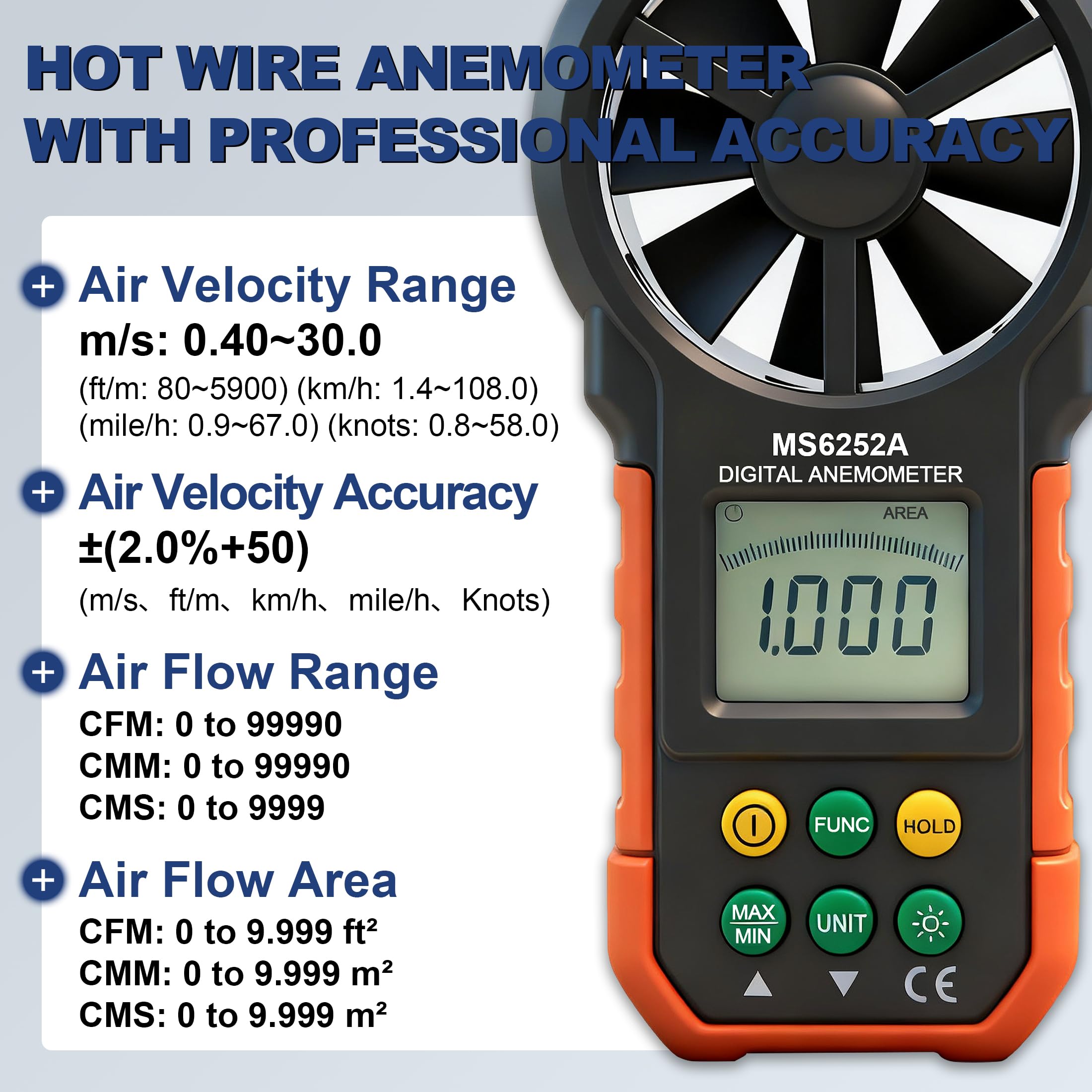 Anemometer Handgerät Windmesser Luftmengenmesser Drachensteigen, Klettern, Angeln, Bootssegeln Windmesser CFM Meter mit Hintergrundbeleuchtung