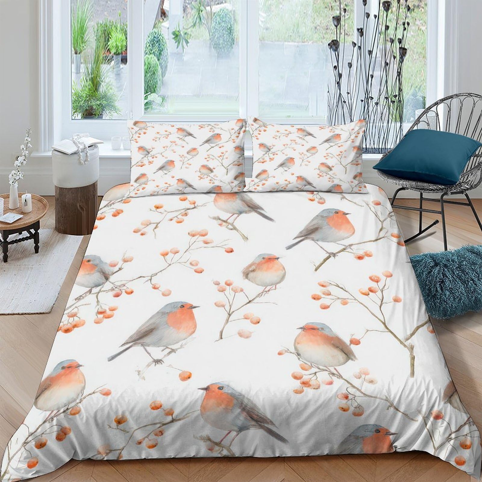 Ctjqhvkz Style-7 3D Printed Robin Bird Fitted Sheet Microfiber Soft Breathable Floral Branch Bed Sheet For Bedroom Guestroom Decor Single（135X200cm）