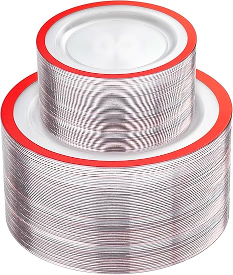 U-QE 120PCS Red Plastic Plates - Clear and Red Plate Disposable Heavy Duty - Include 60 10inch Dinner and 60 7inch Dessert Plates for Party, Wedding, Showers, Birthdays