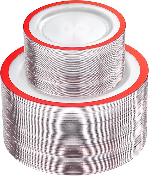 U-QE 120PCS Red Plastic Plates - Clear and Red Plate Disposable Heavy Duty - Include 60 10inch Dinner and 60 7inch Dessert Plates for Party, Wedding, Showers, Birthdays