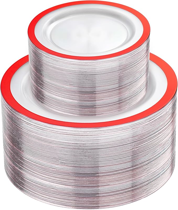 U-QE 120PCS Red Plastic Plates - Clear and Red Plate Disposable Heavy Duty - Include 60 10inch Dinner and 60 7inch Dessert Plates for Party, Wedding, Showers, Birthdays