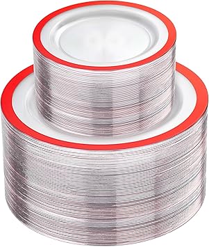 U-QE 120PCS Red Plastic Plates - Clear and Red Plate Disposable Heavy Duty - Include 60 10inch Dinner and 60 7inch Dessert Plates for Party, Wedding, Showers, Birthdays