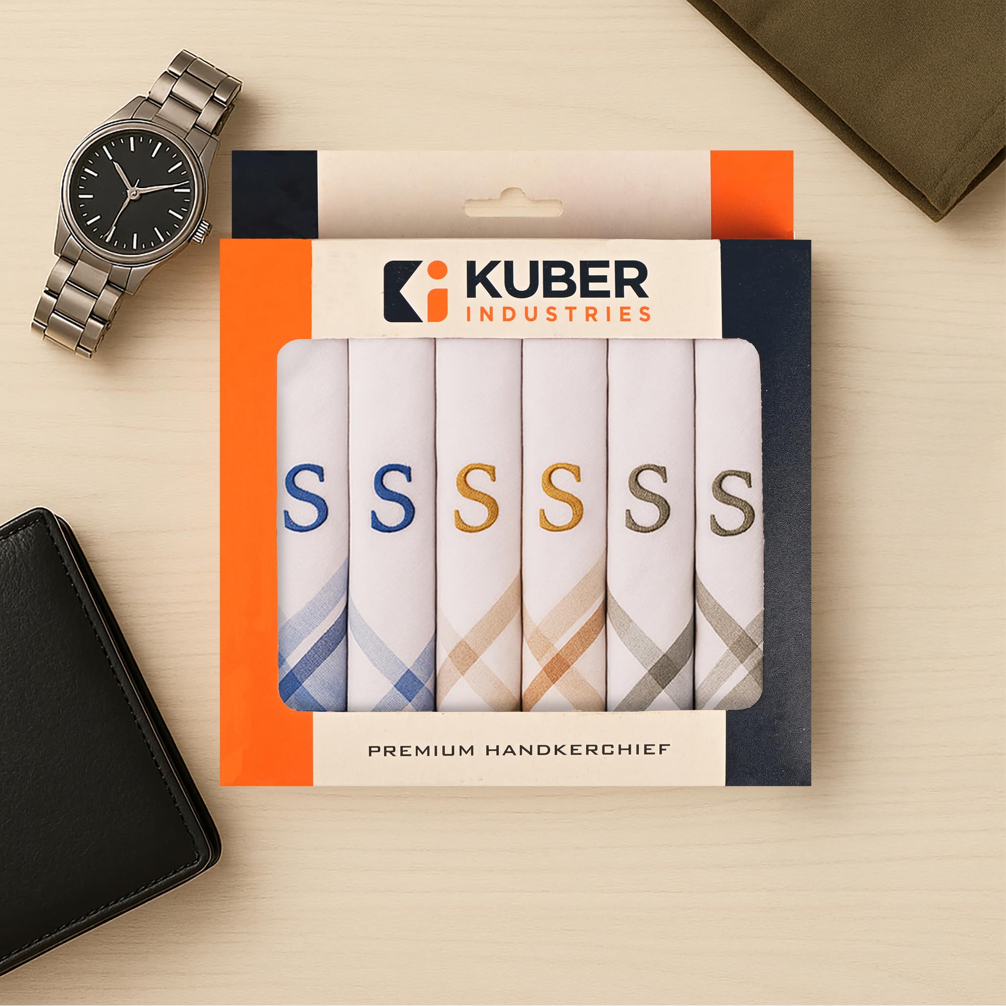 Kuber Industries 6 Pcs Set Monogram Letter (S) Embroidery Border White Handkerchief for Men Cotton | Hanky Set for Men | Rumal for Gents | Gentle and Absorbent Hankies/Handkerchief for Boys