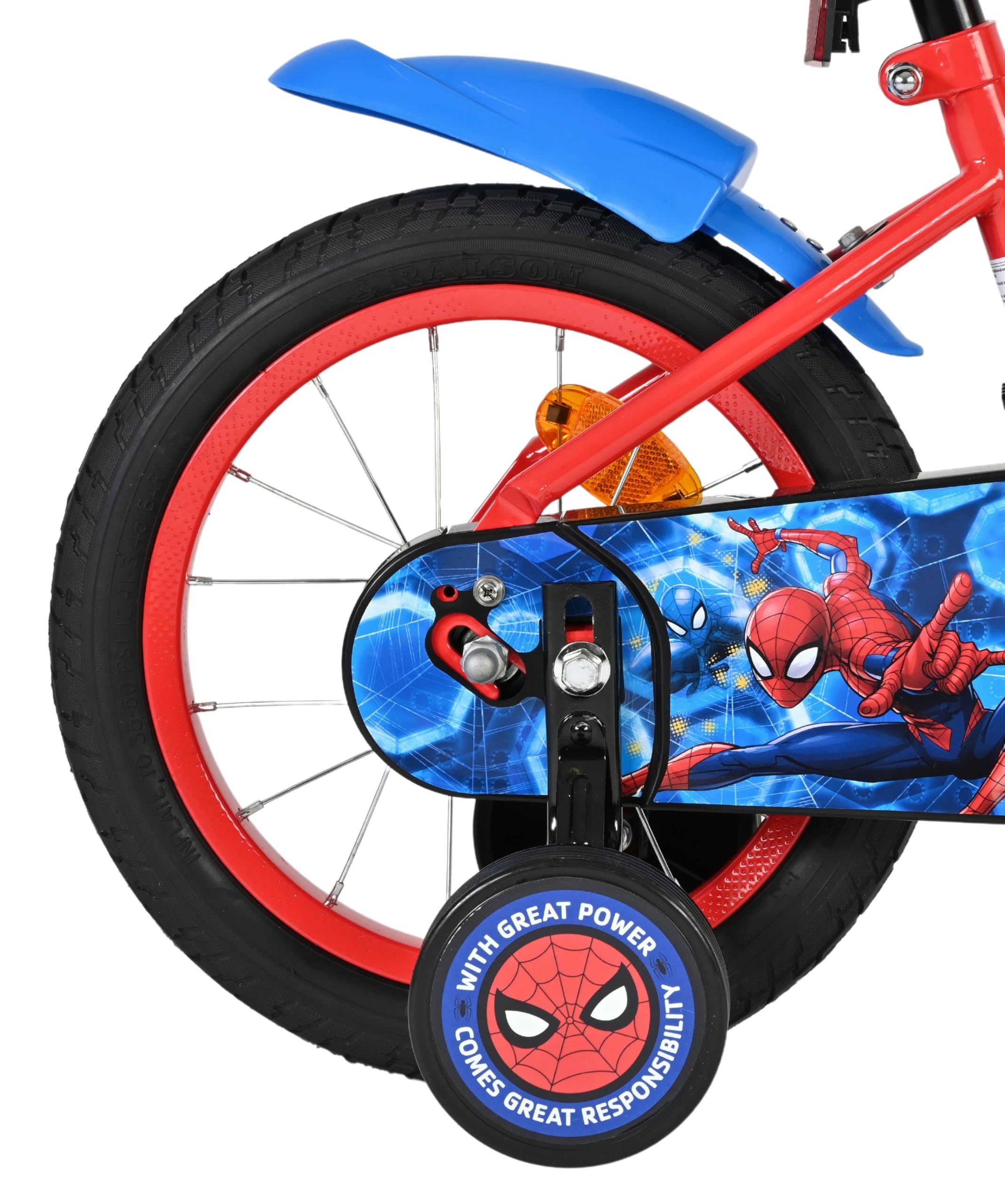 Volare Spider-Man Kinderfahrrad 14 Zoll | 3,5–5 Jahre | Hand- & Rücktrittbremse, Stützräder, Kettenschutz, Reflektoren | Verstellbarer Sattel | Geschenk für Jungen & Mädchen