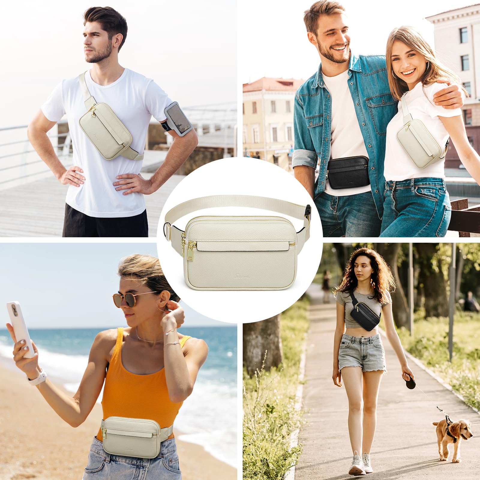 S-ZONE Fanny Packs for Women Genuine Leather RFID Blocking Crossbody Bags Purses Sling Waist Chest Bag Gifts Travel Running Adjustable Strap Men: Off White